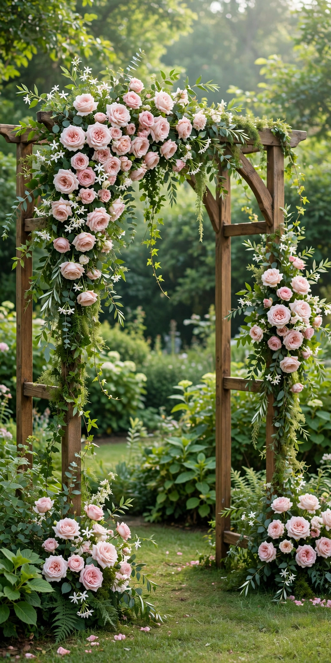 Floral arch ceremony backdrop with blush blooms in a lush garden setting