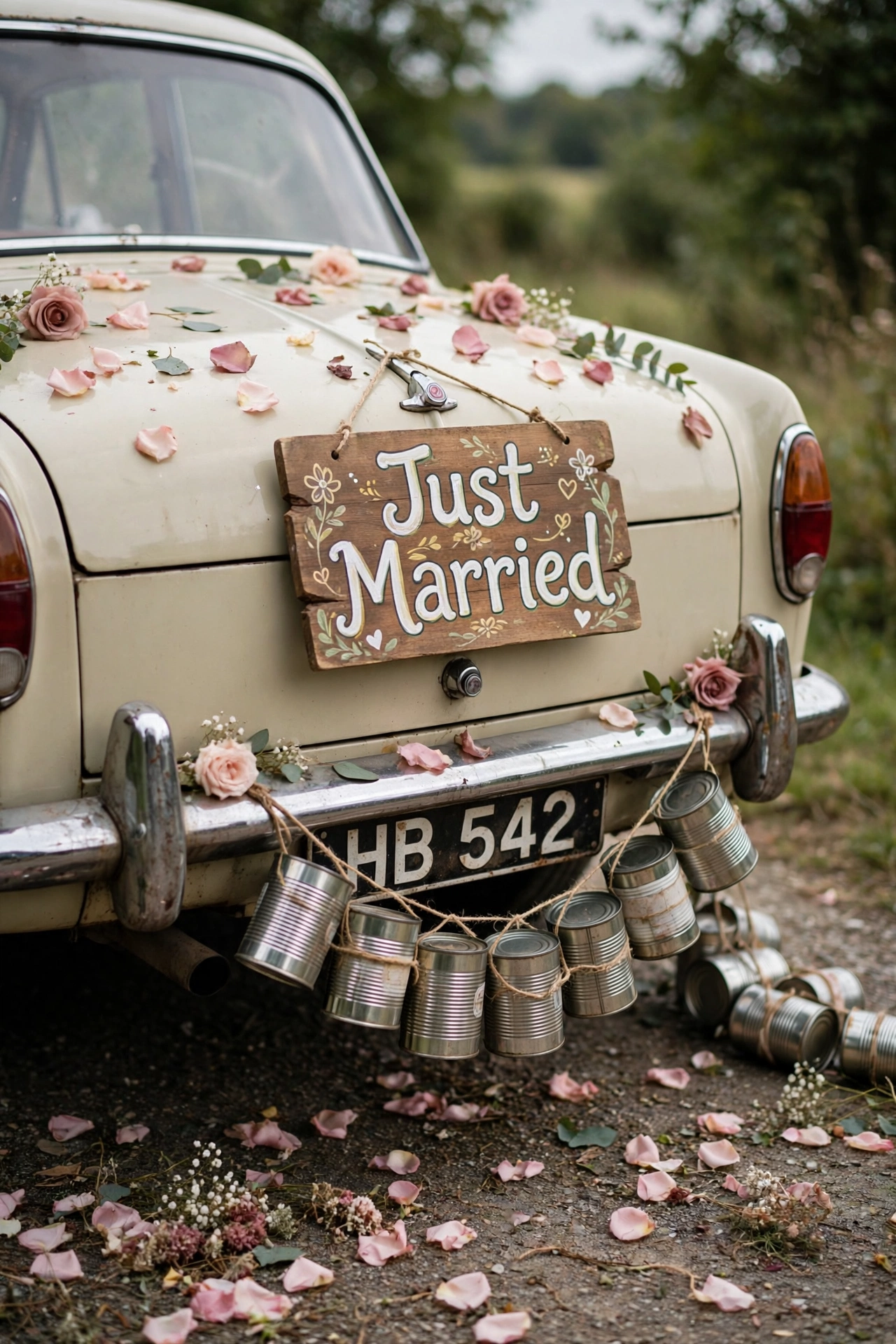 Just Married sign and decorated tin cans trailing behind wedding car