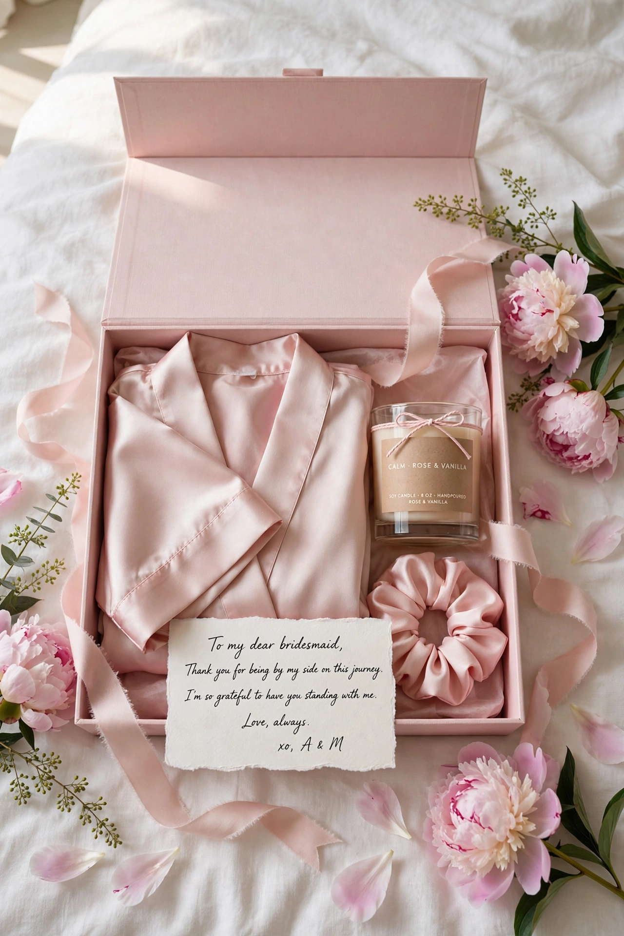 Beautiful bridesmaid gift box with blush ribbon, candle, silk scrunchie and handwritten card on a bed
