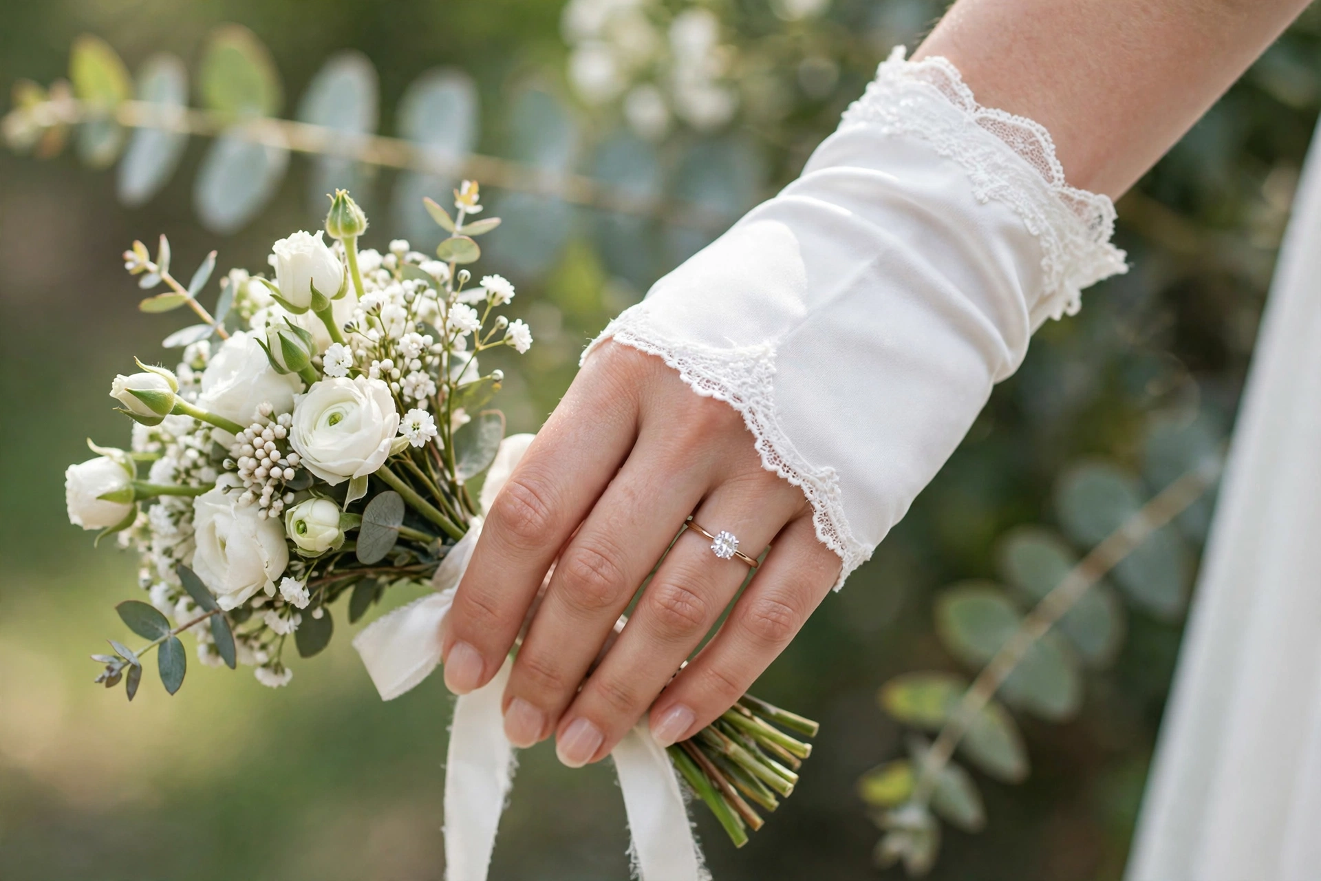 Bride wearing classic short white wrist gloves holding a bouquet