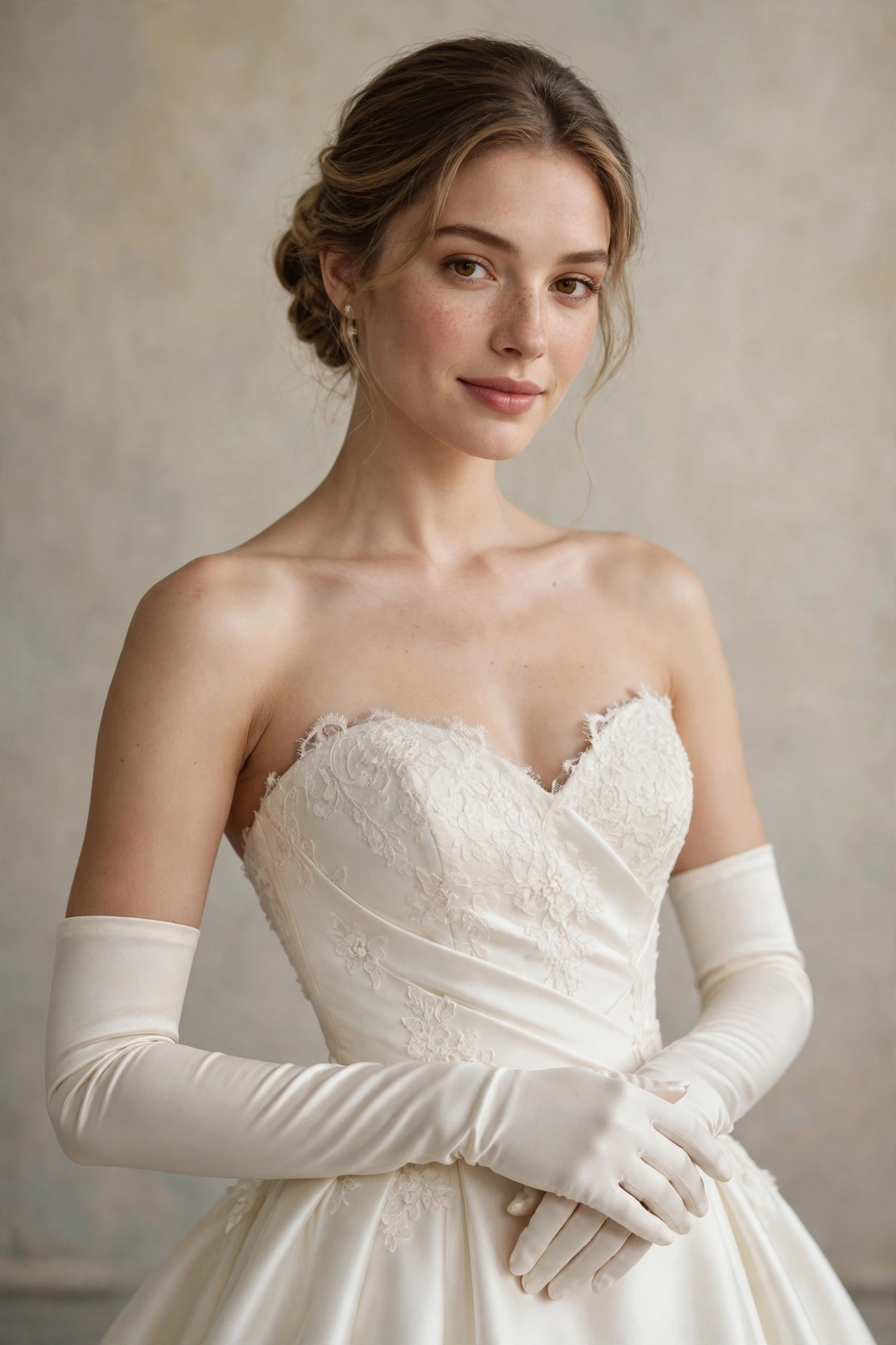 Bride wearing long ivory opera gloves with a strapless wedding gown