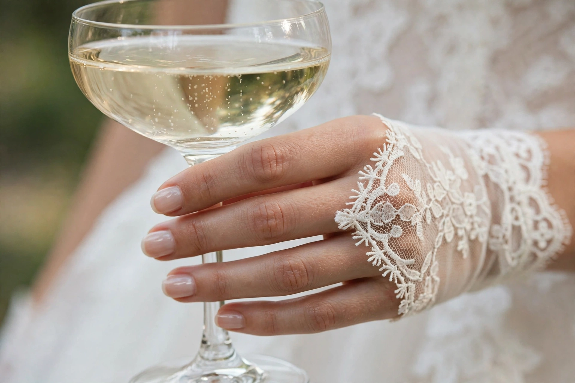 Modern fingerless bridal gloves in ivory on a bride holding champagne