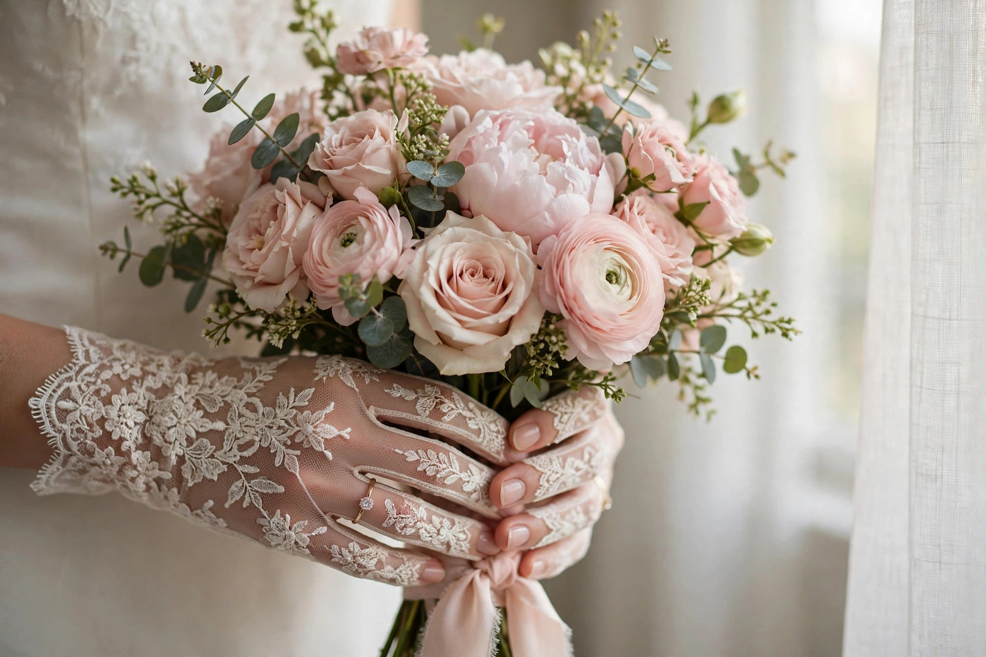 Bride&rsquo;s hands in delicate lace bridal gloves holding a blush bouquet