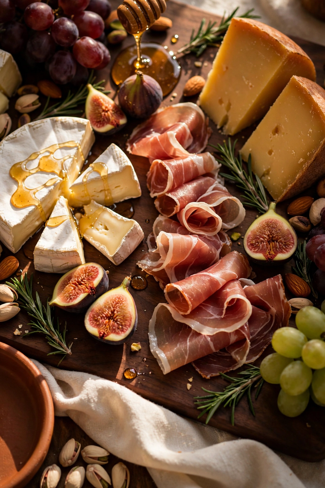 Classic wedding charcuterie grazing table with cured meats, cheeses, grapes and crackers on wood