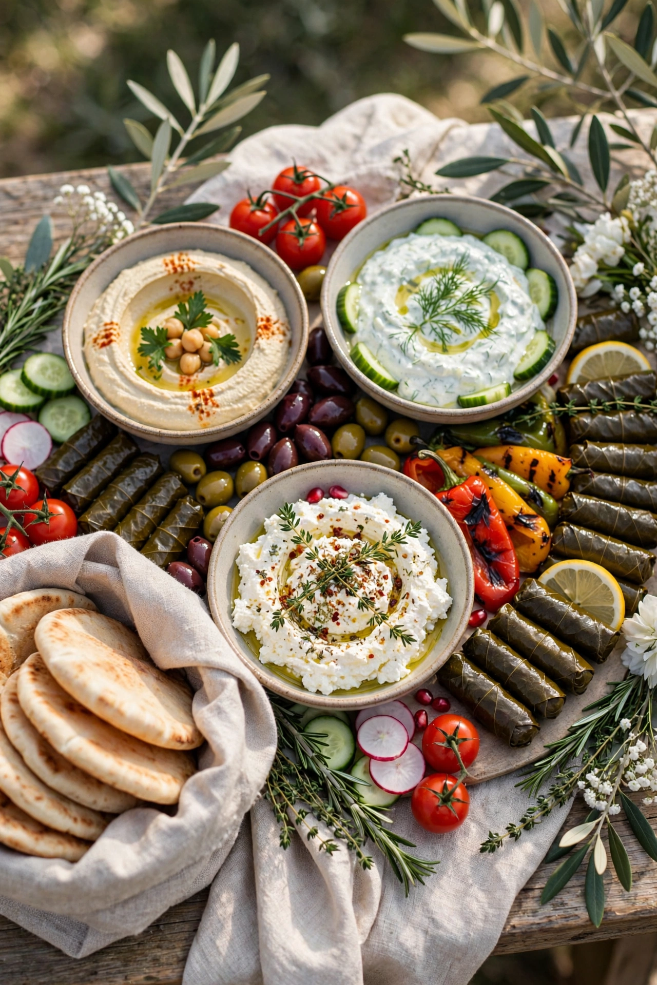 Mediterranean mezze grazing table with hummus, olives, pita, grilled vegetables and feta at a wedding