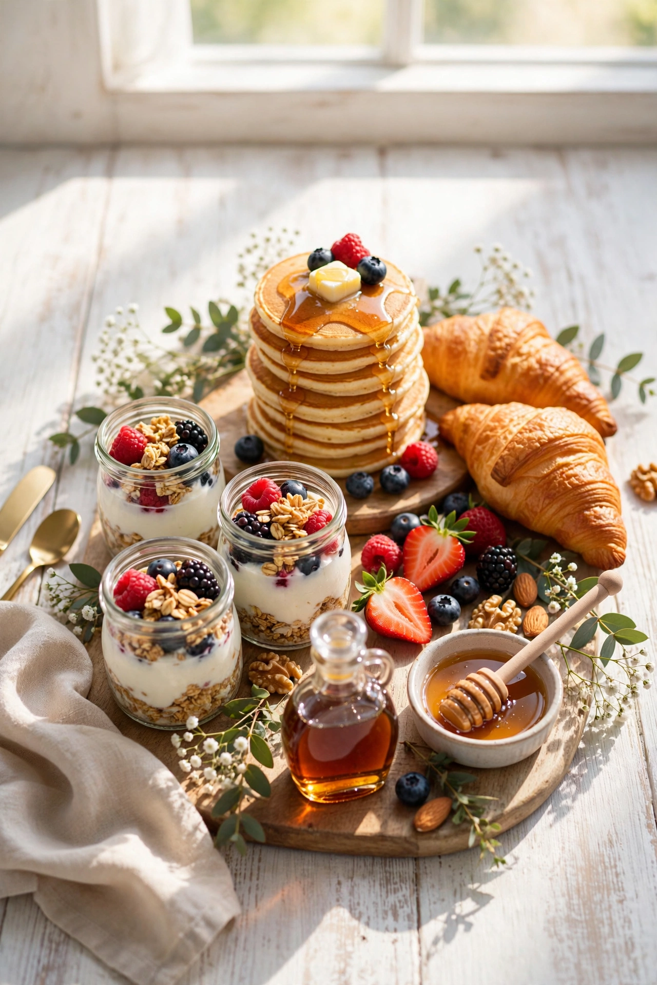 Brunch-style wedding grazing board with mini pancakes, pastries, fruit and yogurt parfaits