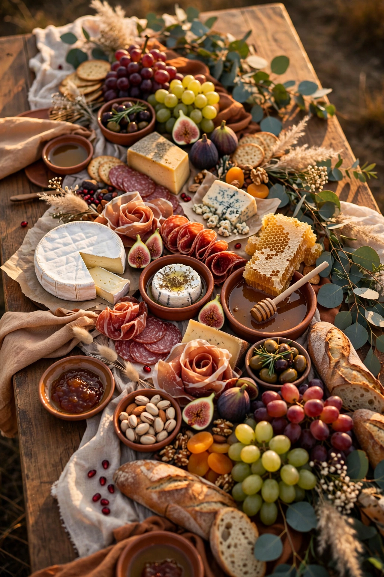 Abundant wedding grazing table with cheeses, charcuterie, fresh fruits and eucalyptus on a rustic wooden table