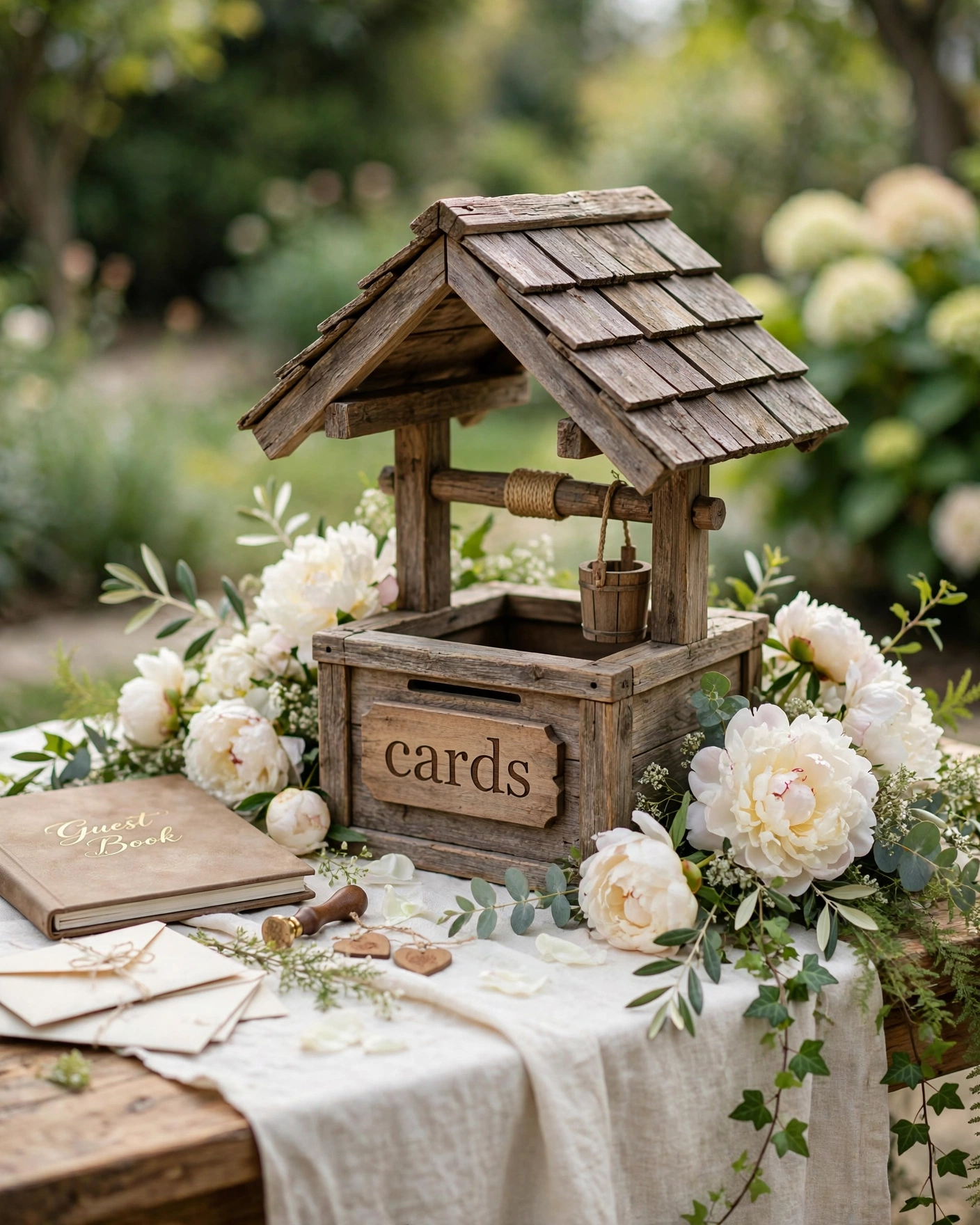 Rustic wooden wishing-well card box on wedding guest book table with ivory peonies and greenery