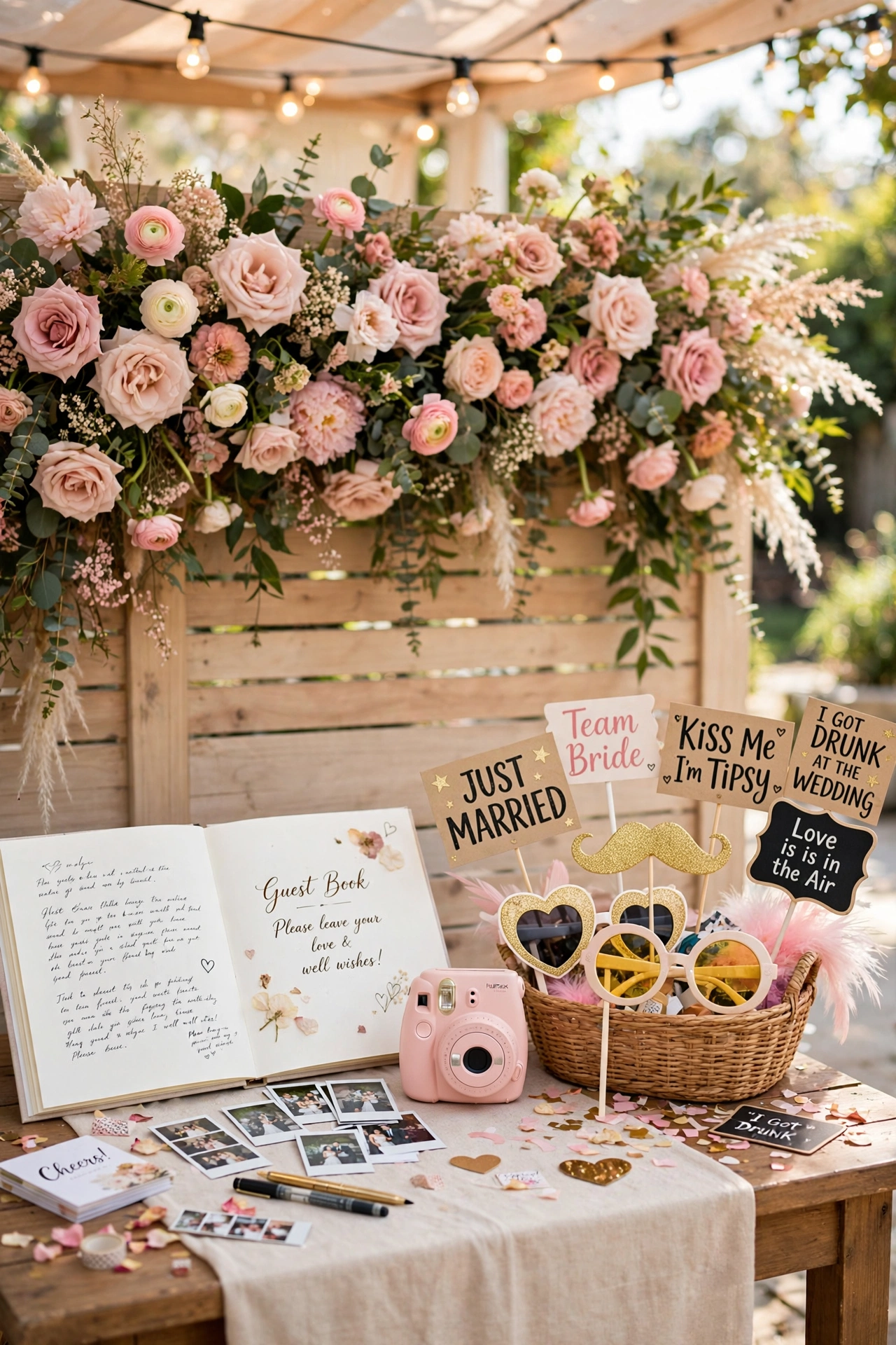 Wedding photo booth corner with guest book table, fun props, and string lights