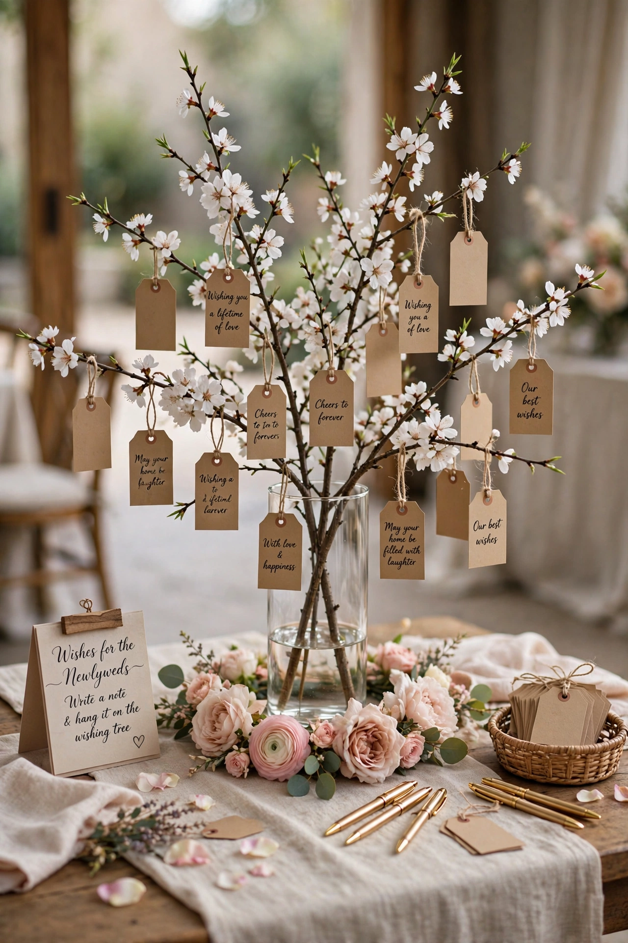 Creative wedding guest book alternative with wooden heart drop box and signed hearts