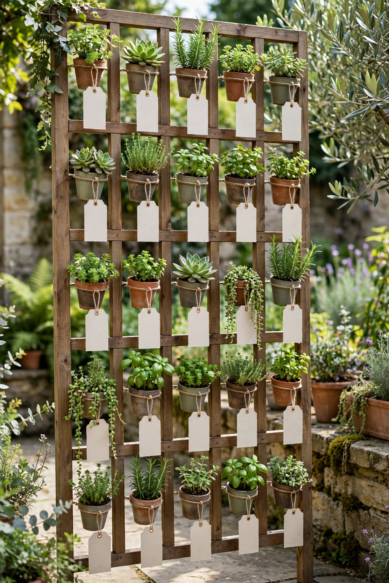 Living wall wedding seating chart with potted succulents and table number tags in a garden courtyard