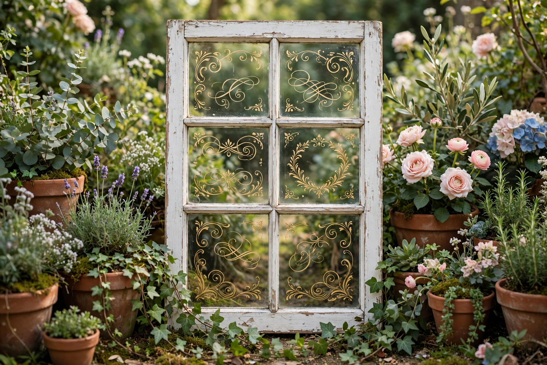 Vintage white windowpane wedding seating chart with gold calligraphy among potted garden plants