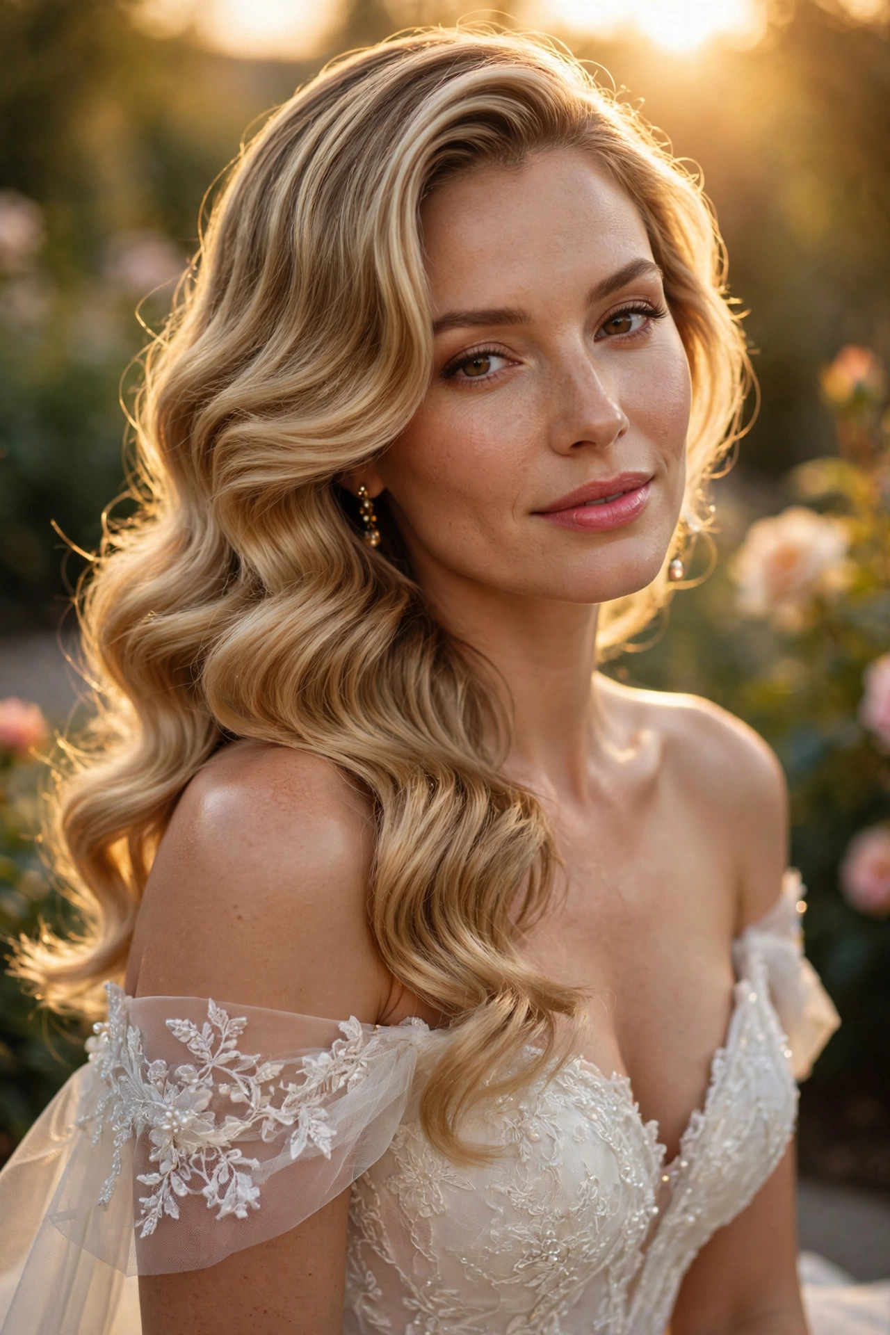 Bride with soft side-swept waves wearing an off-shoulder gown
