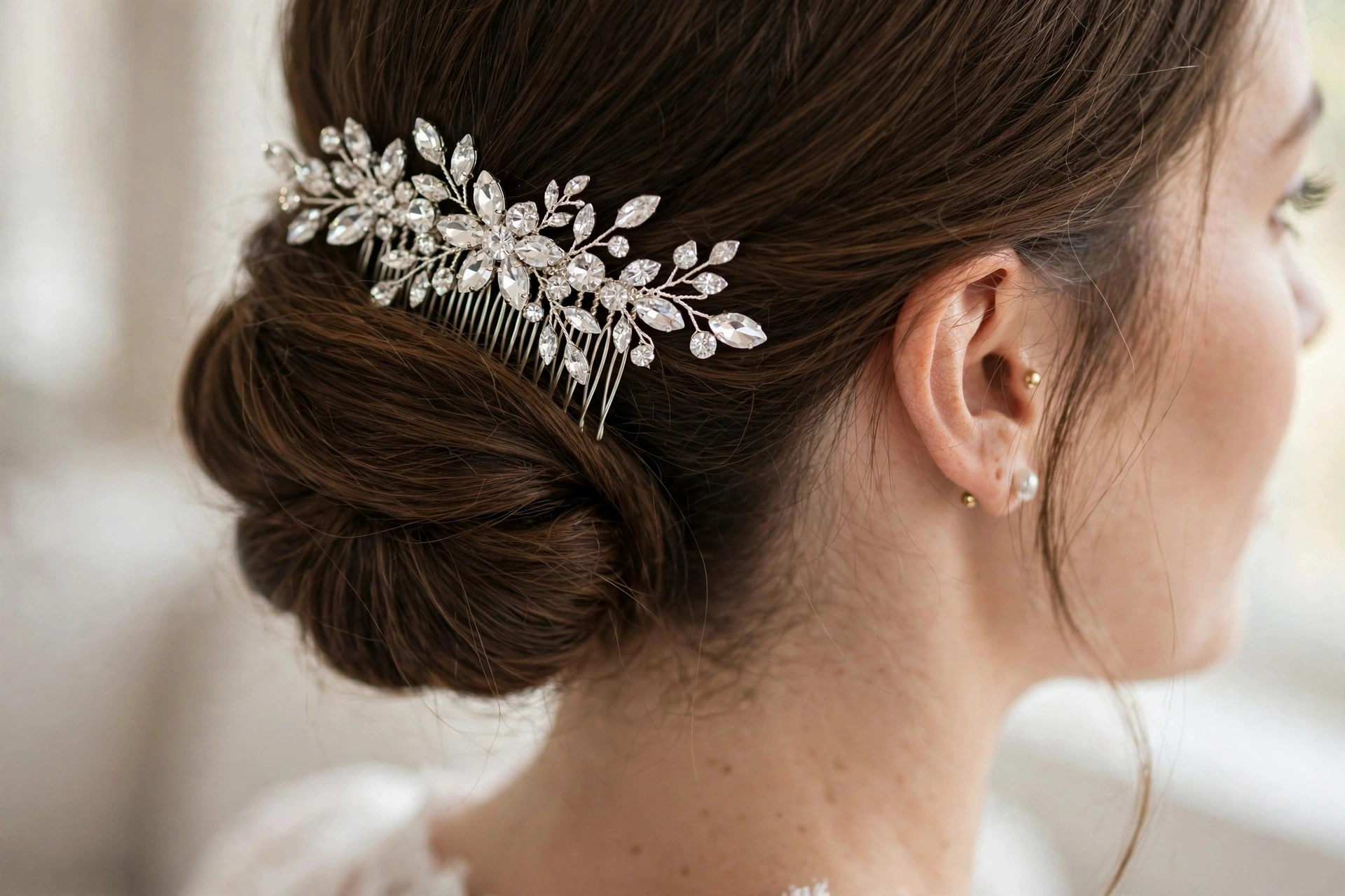 Crystal bridal comb with sparkling stones pinned above a low chignon
