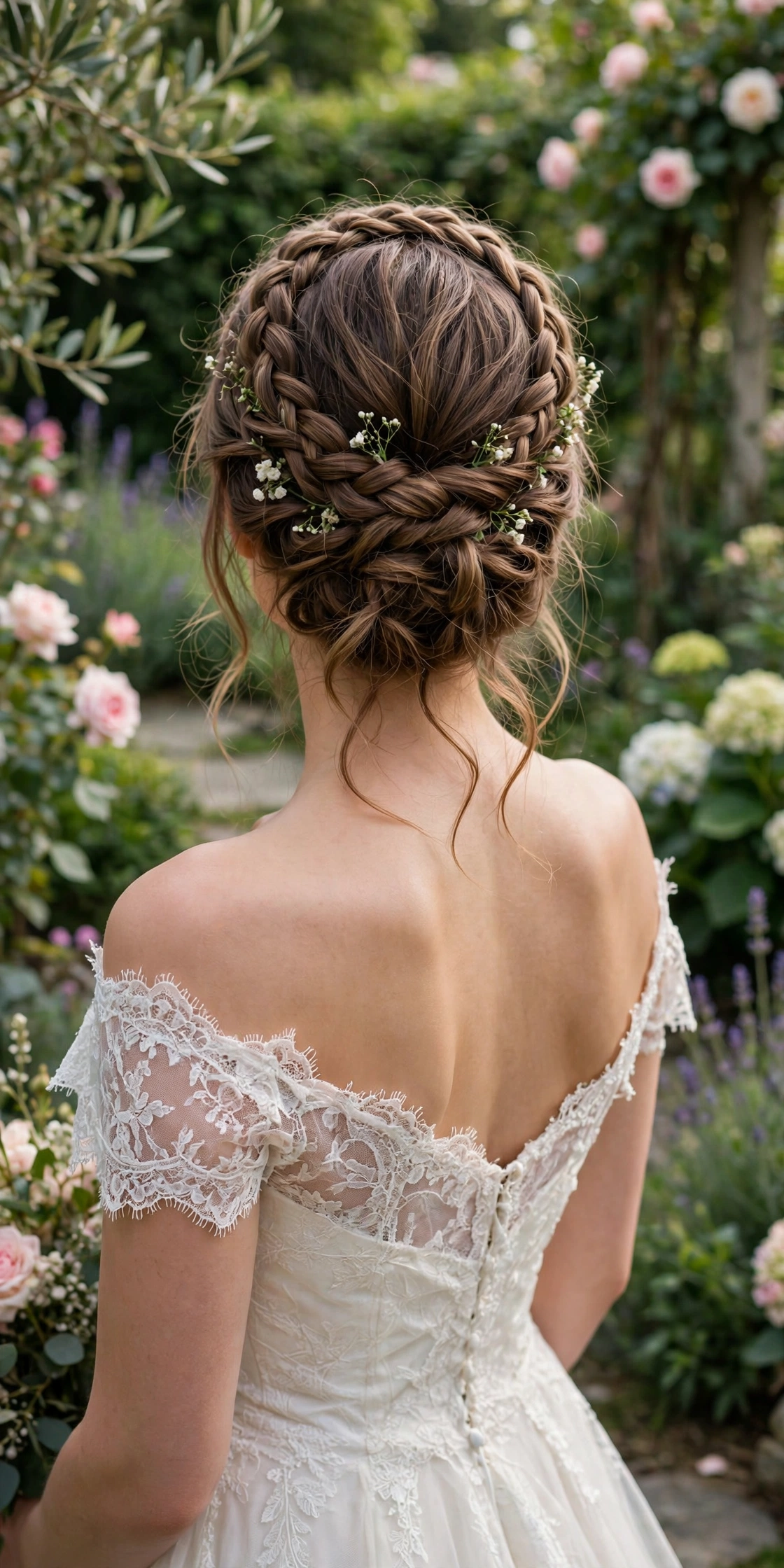 Bride with a romantic braided updo and off-shoulder wedding dress