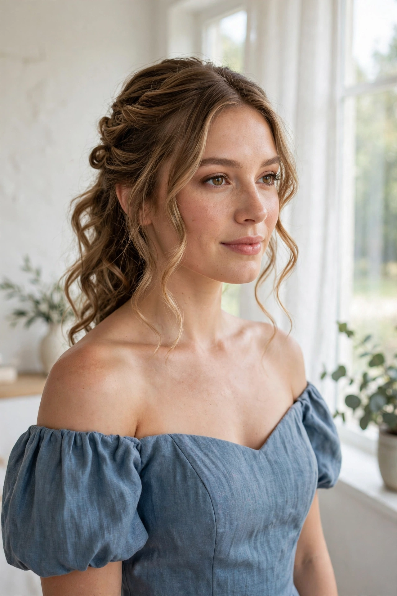Bridesmaid with loose half-up hairstyle in an off-shoulder dress