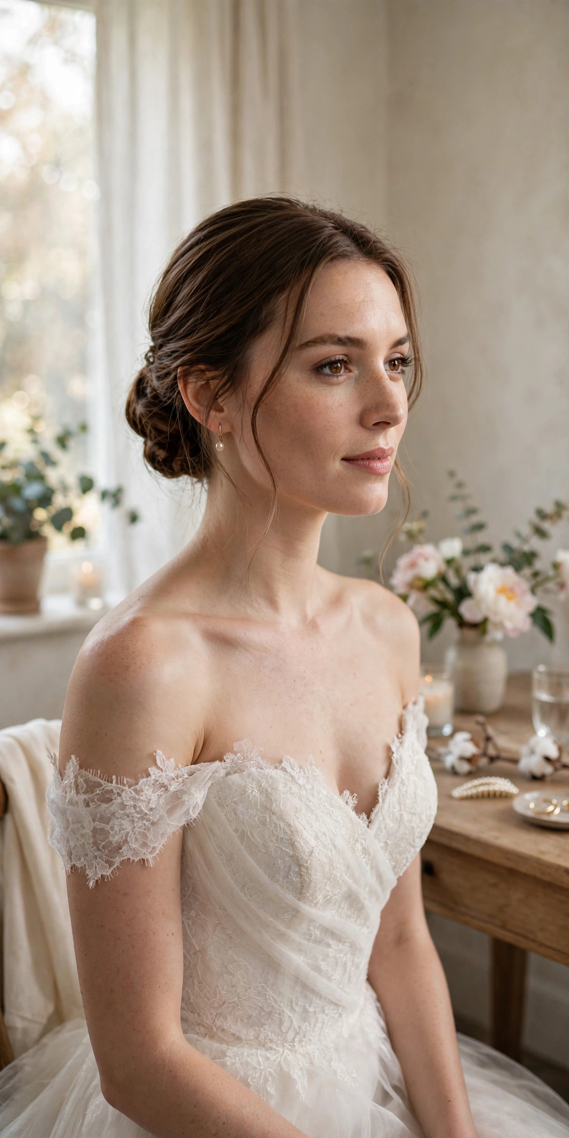 Bride with an elegant low chignon hairstyle wearing an off-shoulder wedding dress