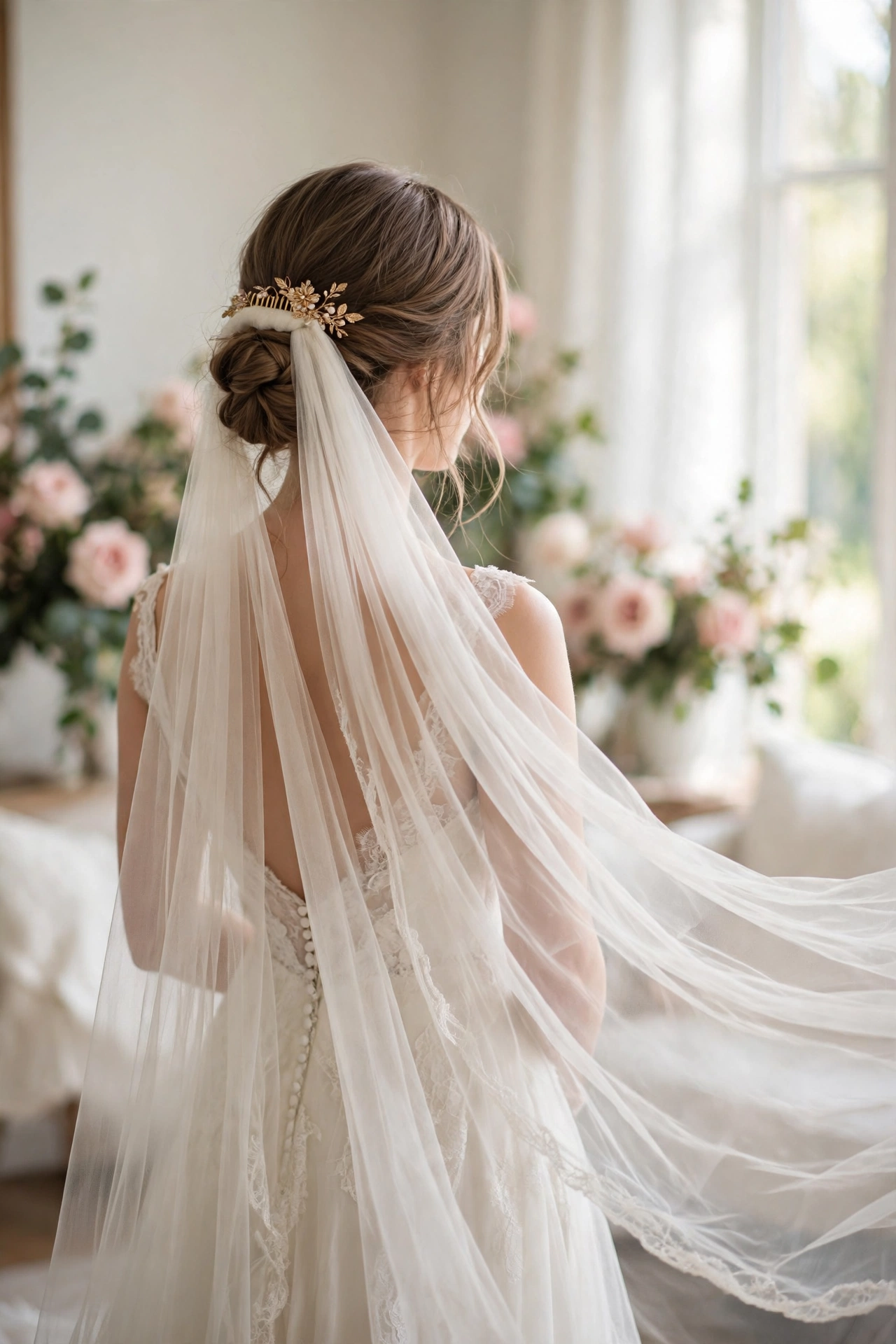 Bride seen from behind with an elegant low chignon hairstyle and a long cathedral veil held by a gold hair comb