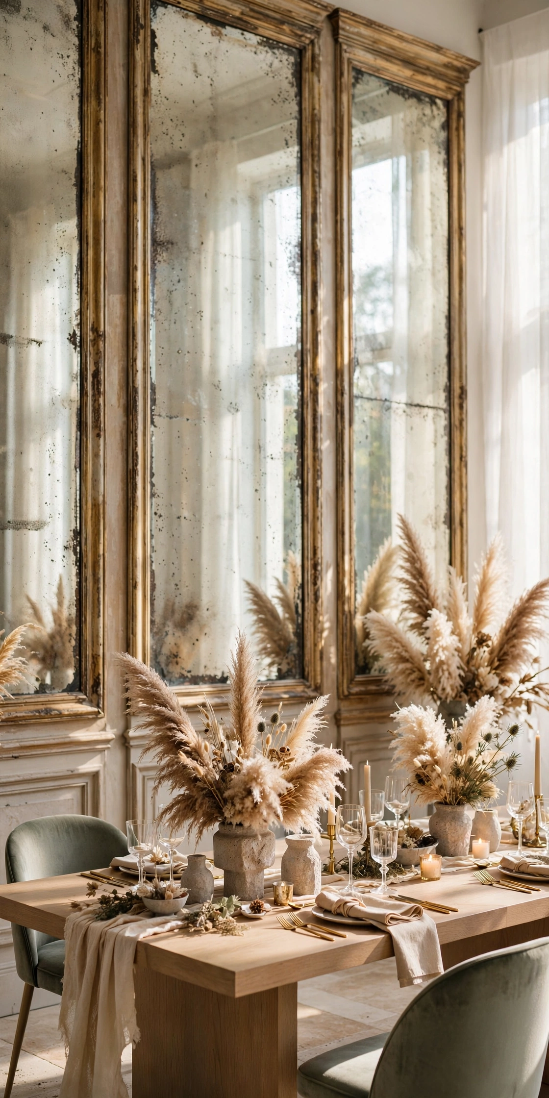 Antique mirror panels with pampas grass behind a modern wedding head table