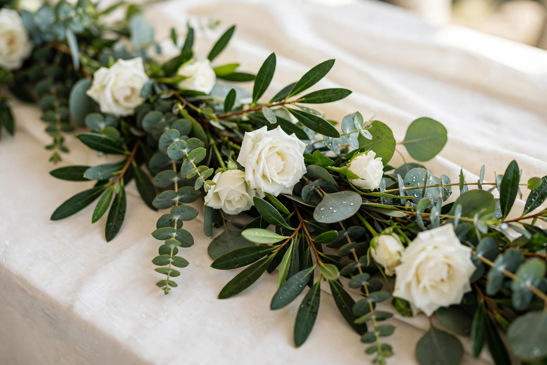 Eucalyptus and white rose garland table runner on ivory wedding linen