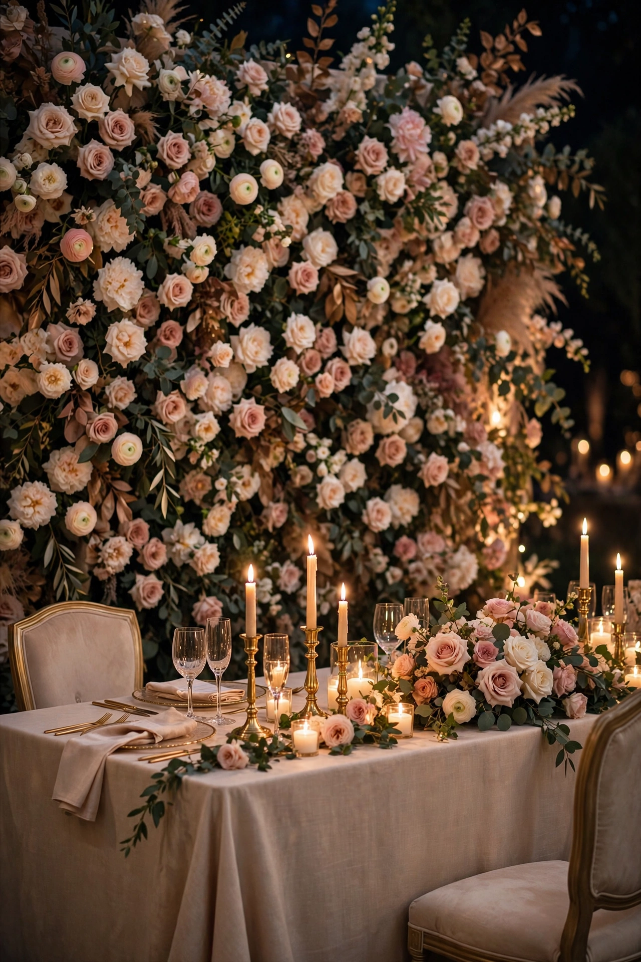 Candlelit wedding head table with a lush blush-and-ivory floral backdrop wall