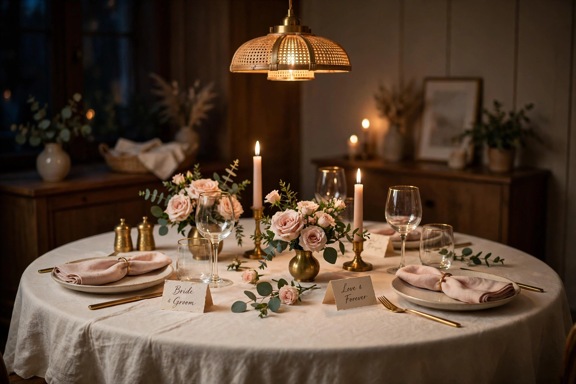 Intimate dining table setup for a home engagement party with candles, roses and gold-rimmed glassware