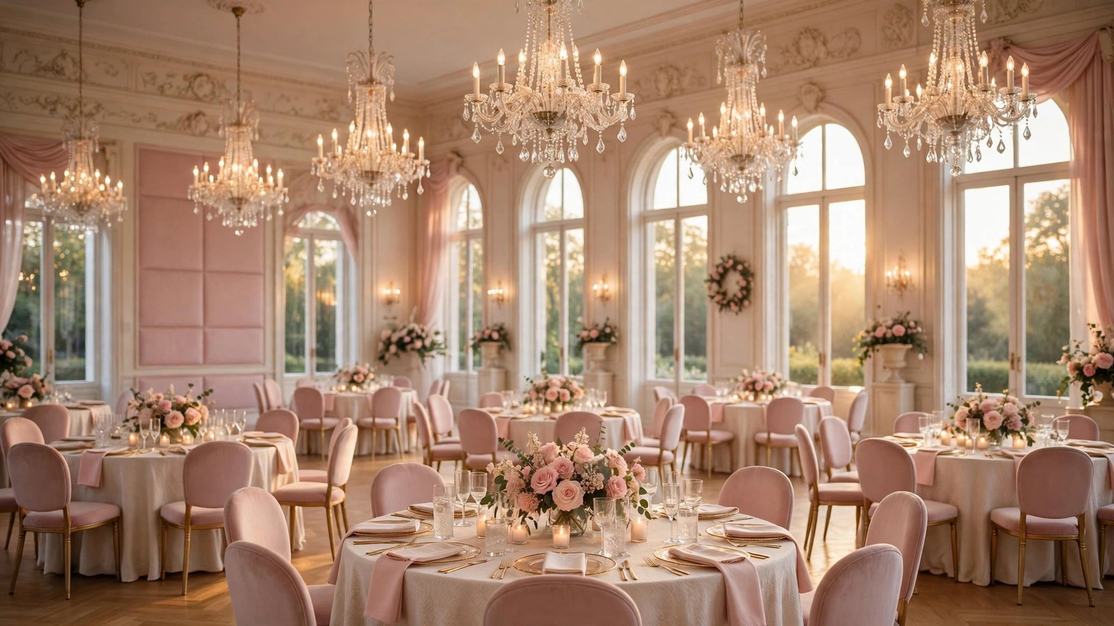 Blush pink wedding reception ballroom