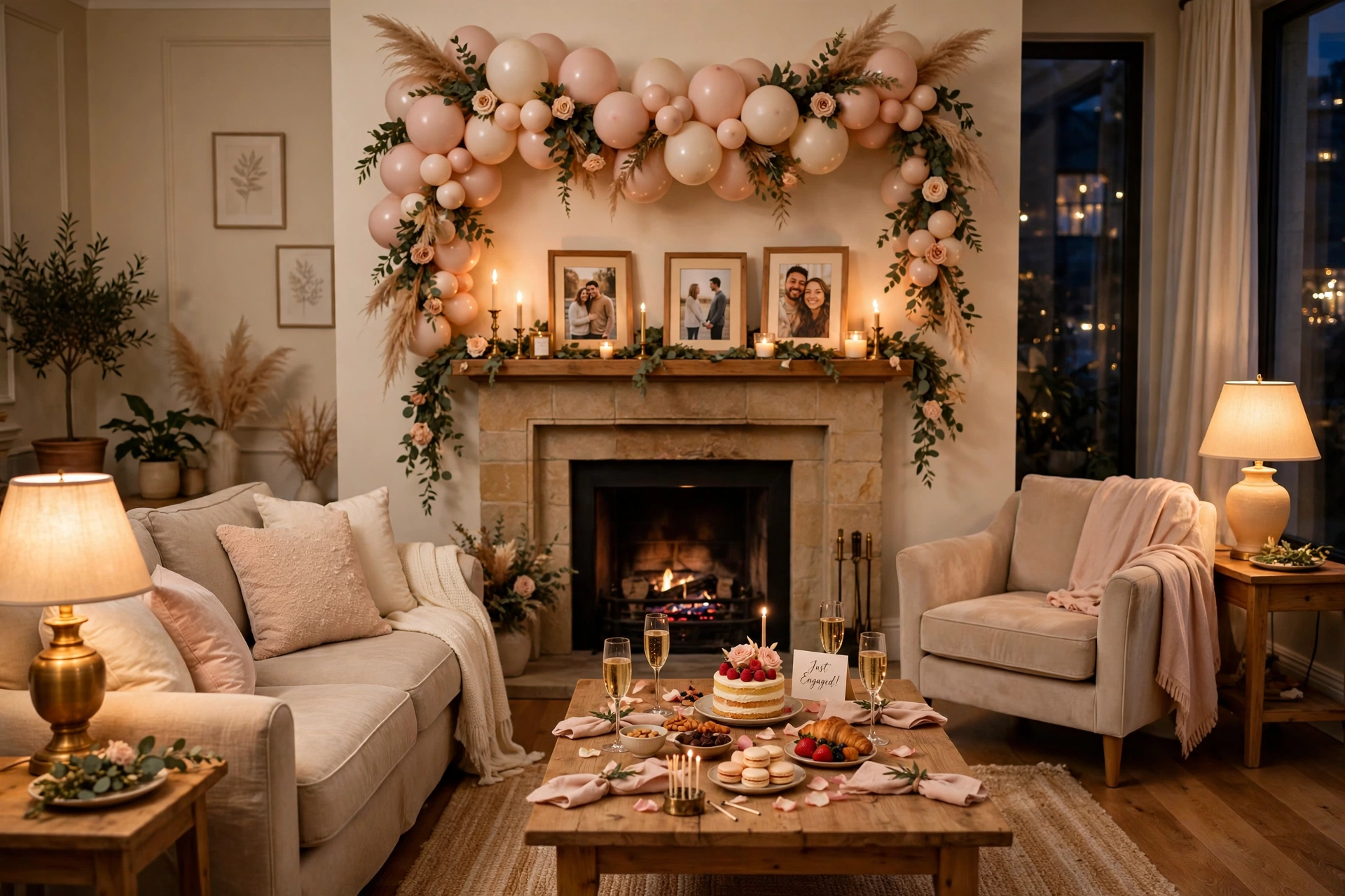 Cozy living room styled for an at-home engagement party with balloon garland, warm lamps and candles in the evening
