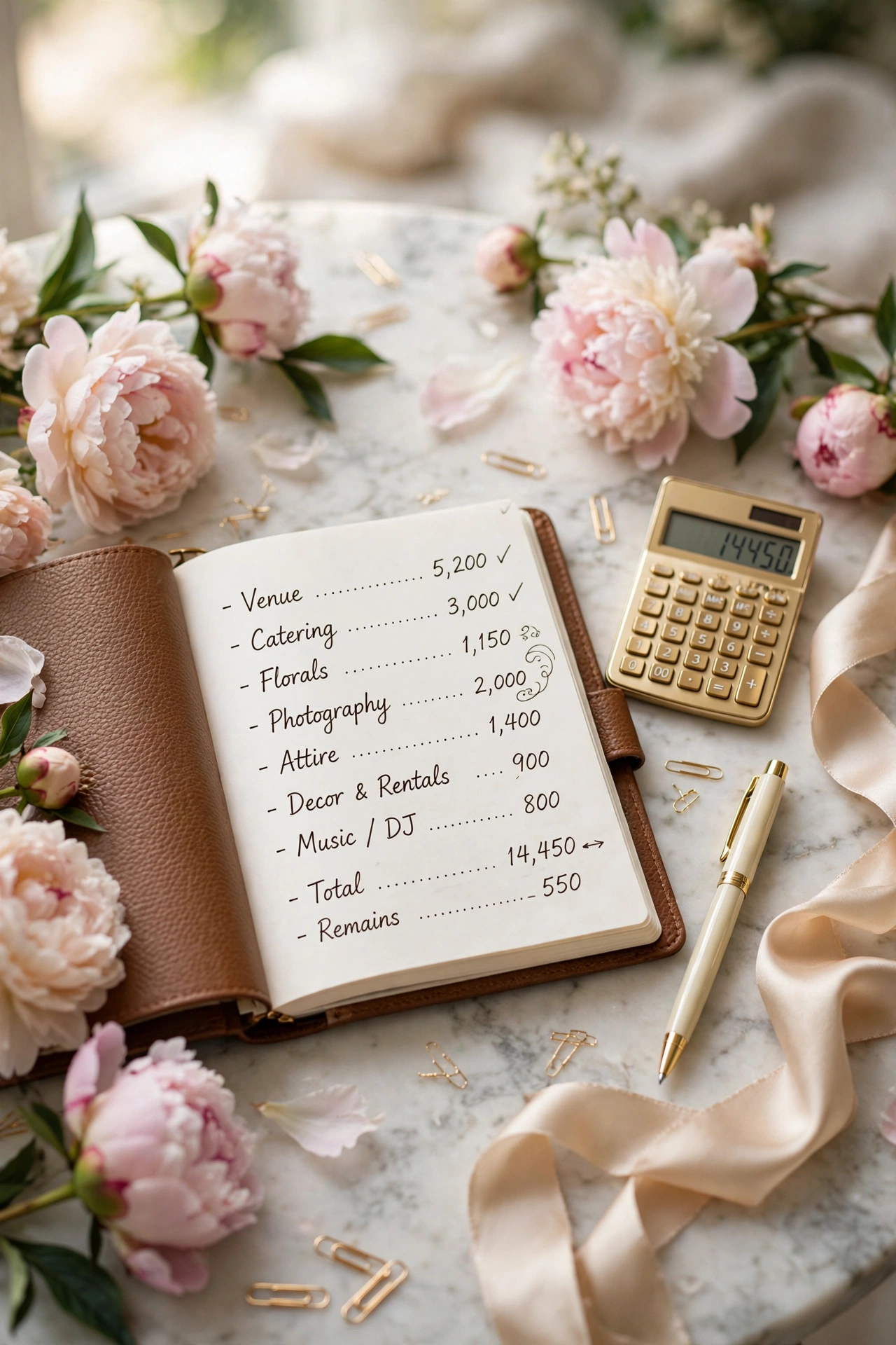 Elegant budget planning scene with an open planner showing party budget notes, gold calculator, ivory pen and blush peonies on marble