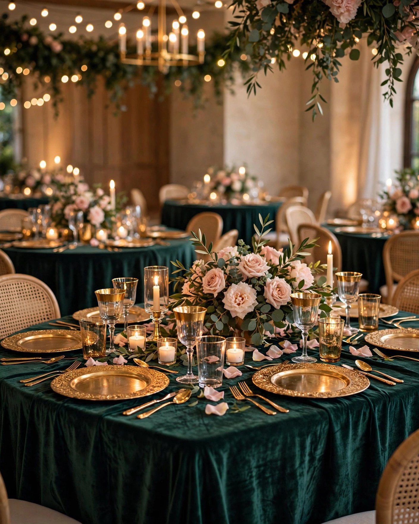 Wedding reception tables with luxurious velvet tablecloths in jewel tones