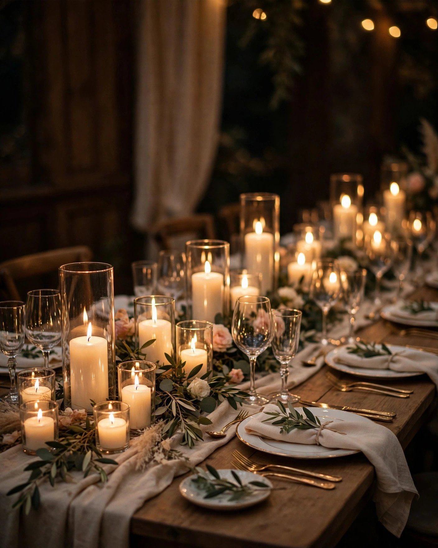 Candlelit wedding reception tablescape with glowing candles in glass holders