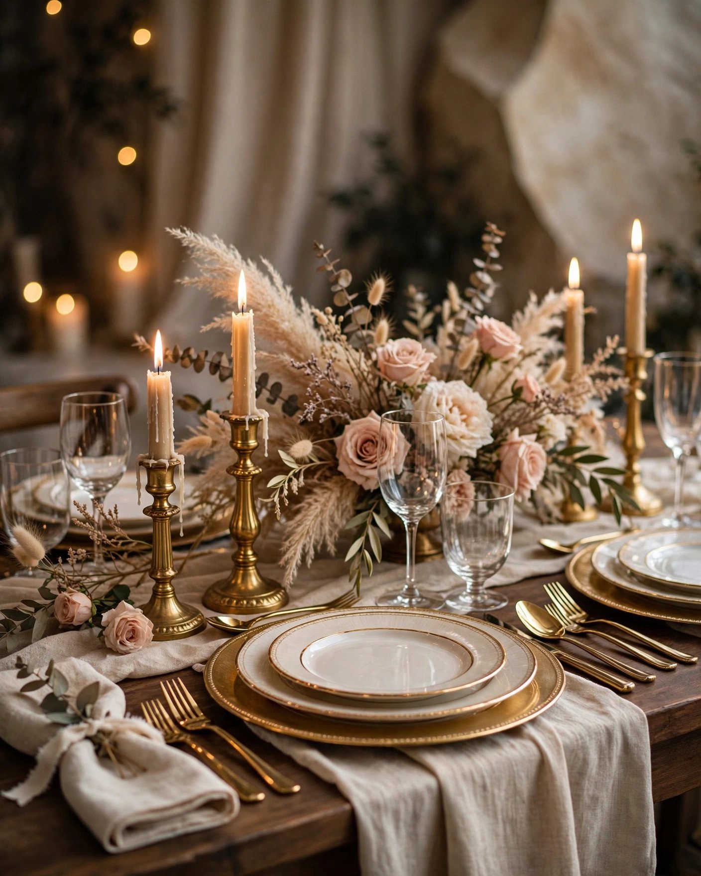 Wedding table setting with gold rimmed plates and golden candle holders