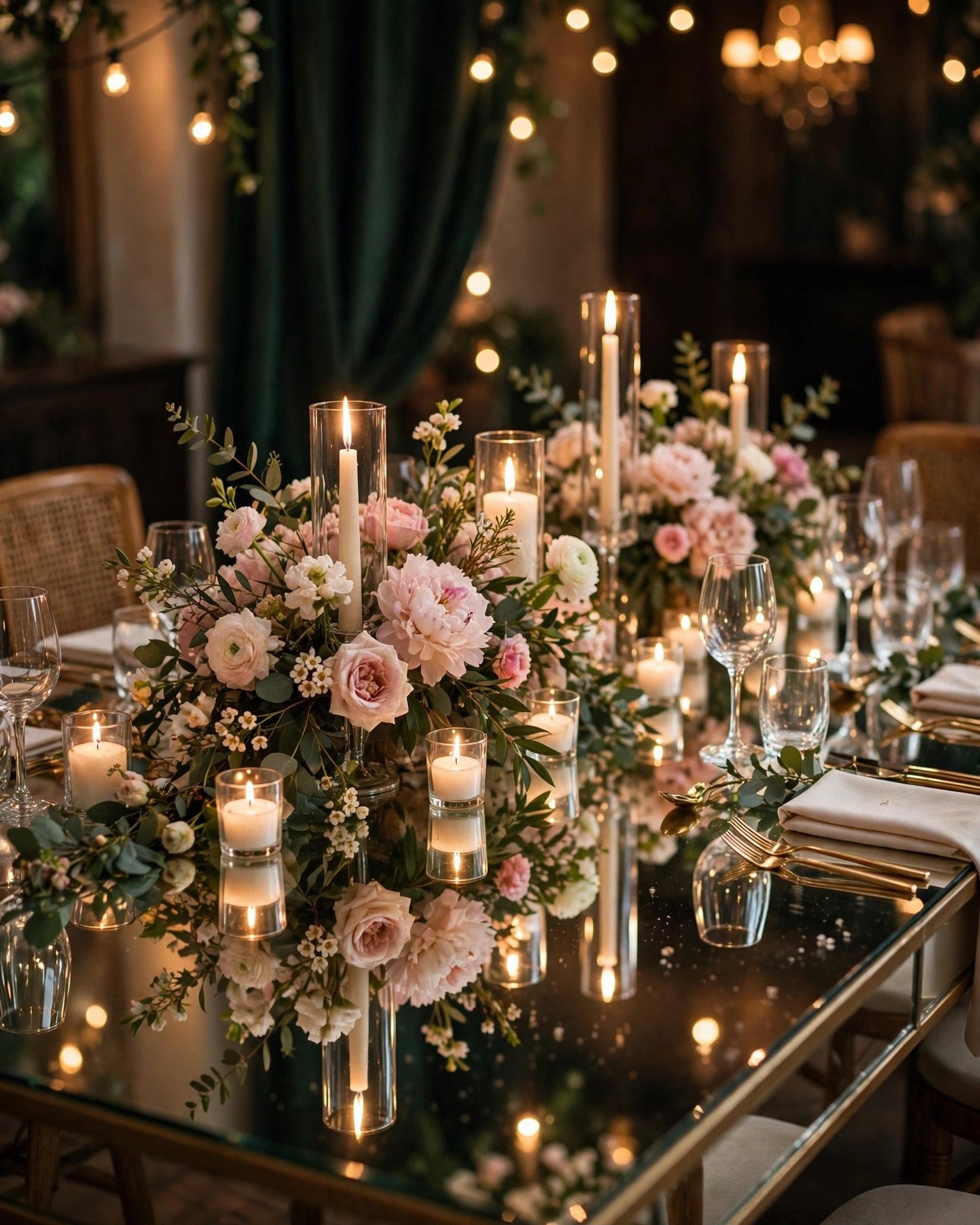 Wedding reception tables with mirrored tabletops reflecting candles and flowers