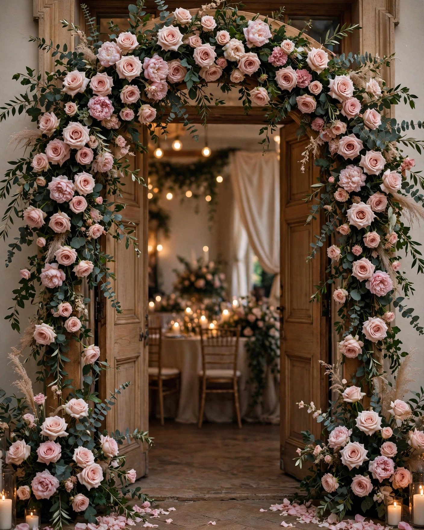 Grand floral entrance arch with blush roses at an indoor wedding reception