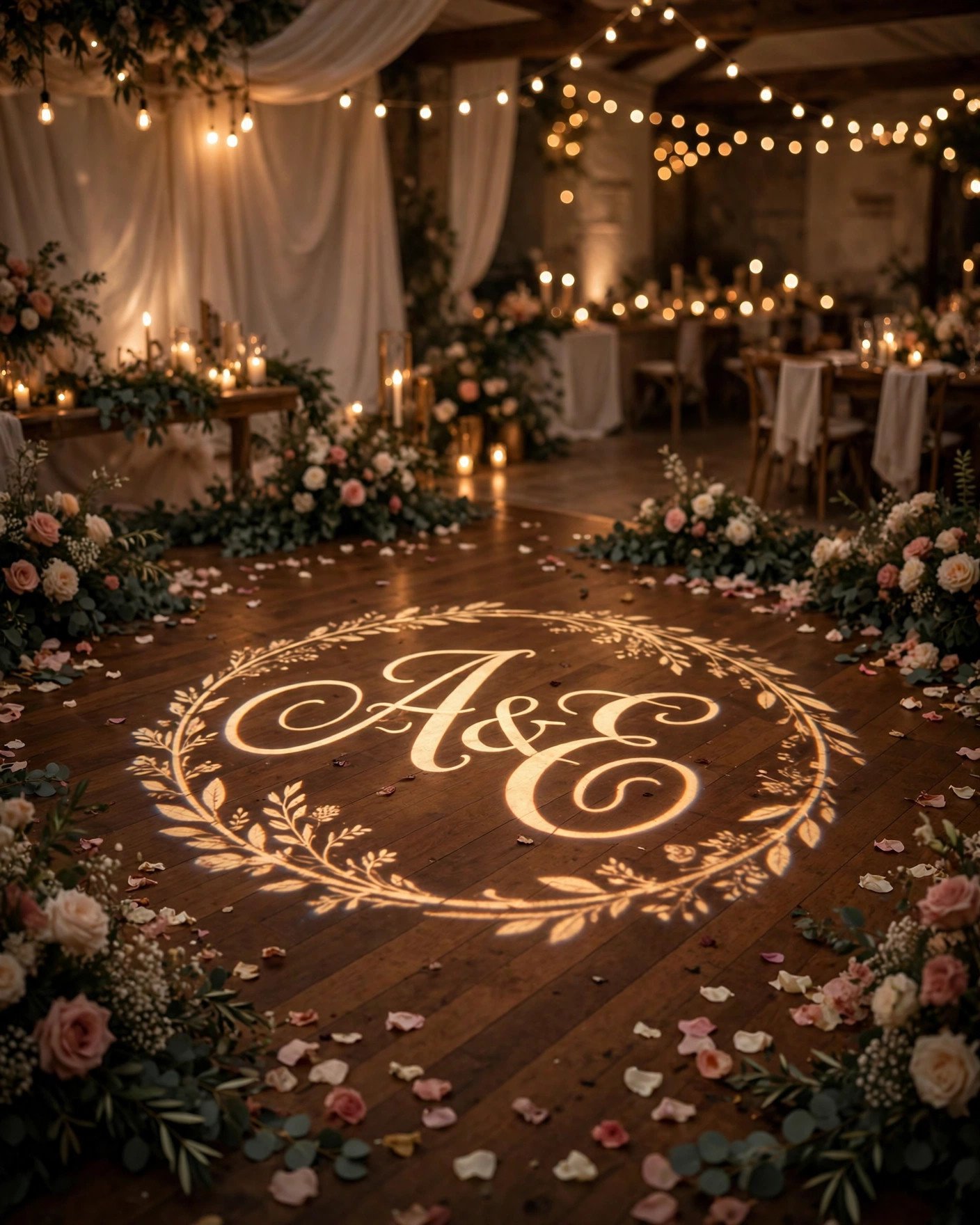 Custom monogram light projection with couple initials on a wedding dance floor