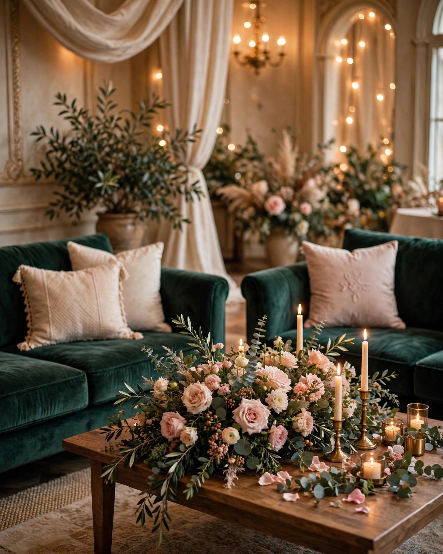 Elegant lounge seating area with velvet sofas at a wedding reception