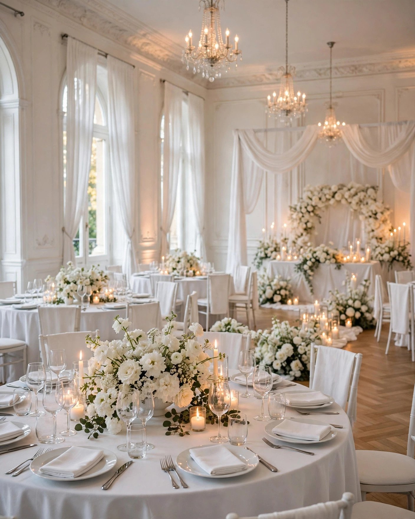 All white wedding reception decor with white flowers and linens in a bright ballroom