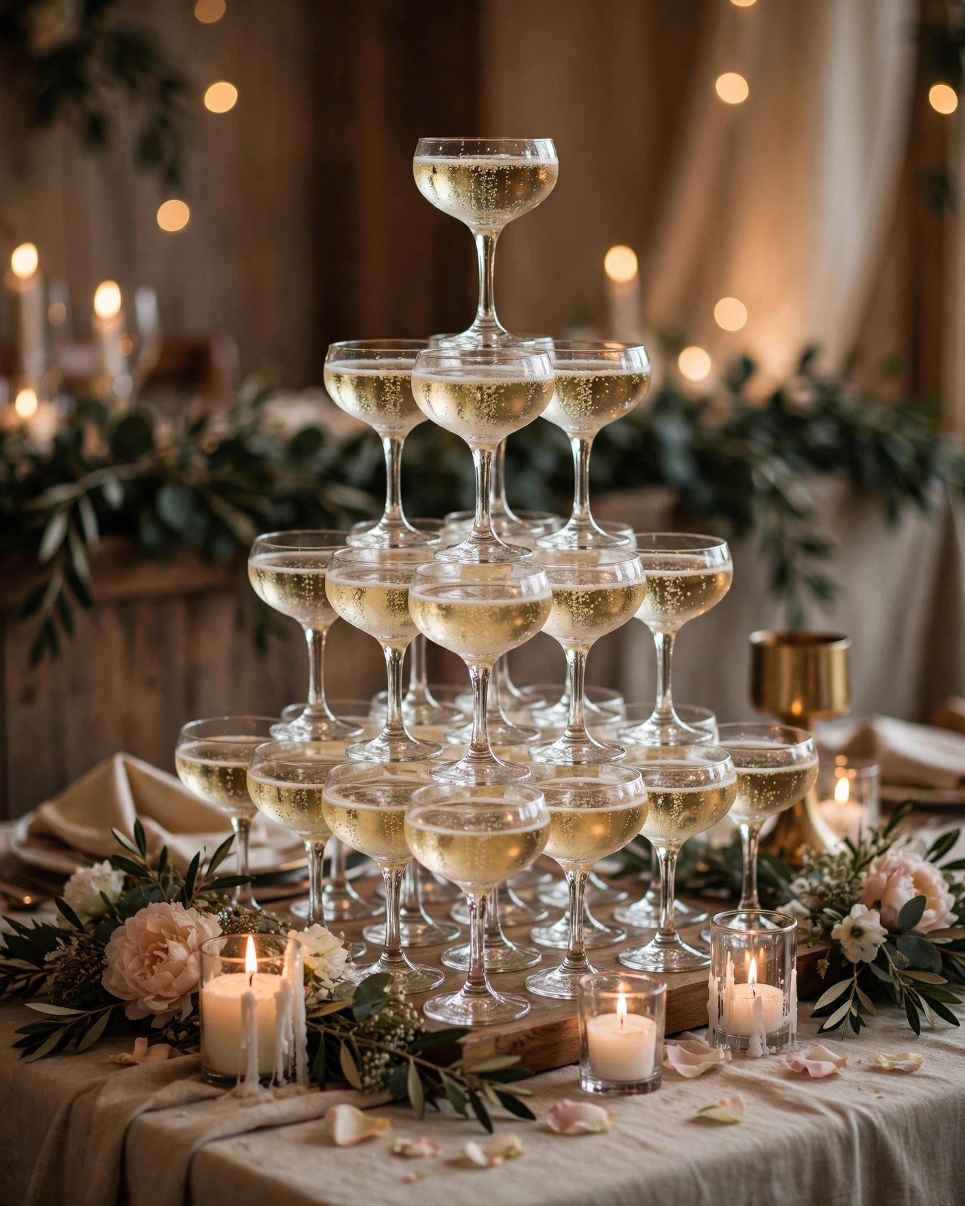 Champagne tower of coupe glasses sparkling at a wedding reception