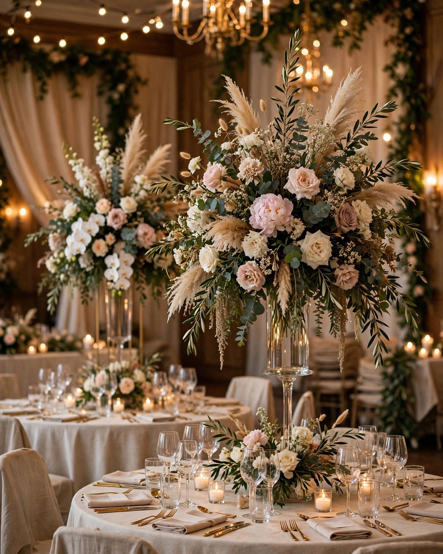 Oversized tall floral centerpieces on wedding reception tables
