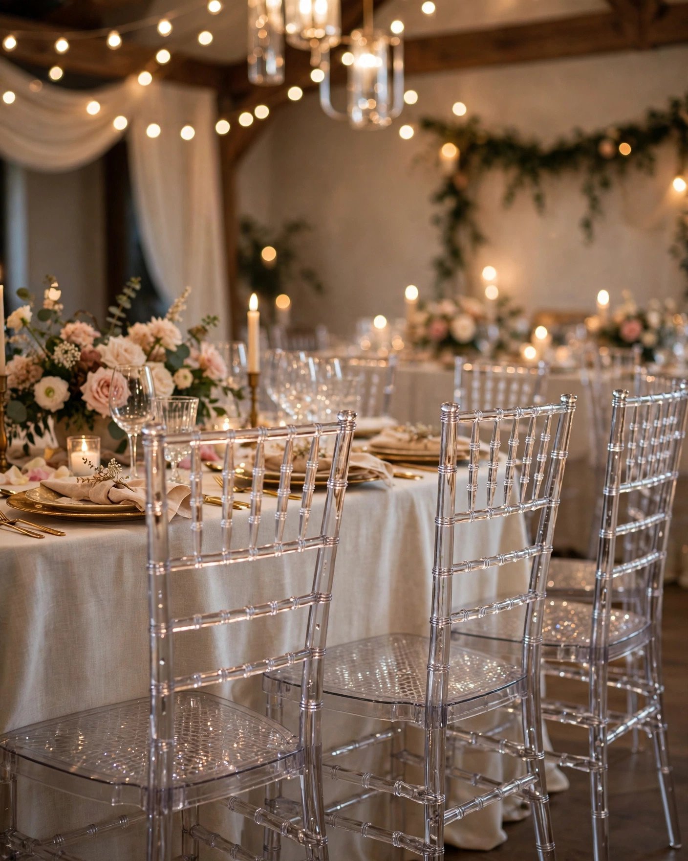 Transparent crystal chiavari chairs at elegant wedding reception tables