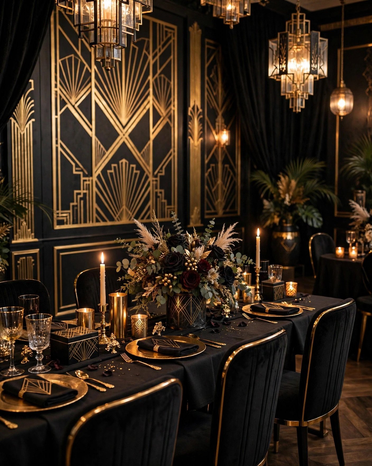 Art deco wedding reception decor with geometric gold patterns in black and gold