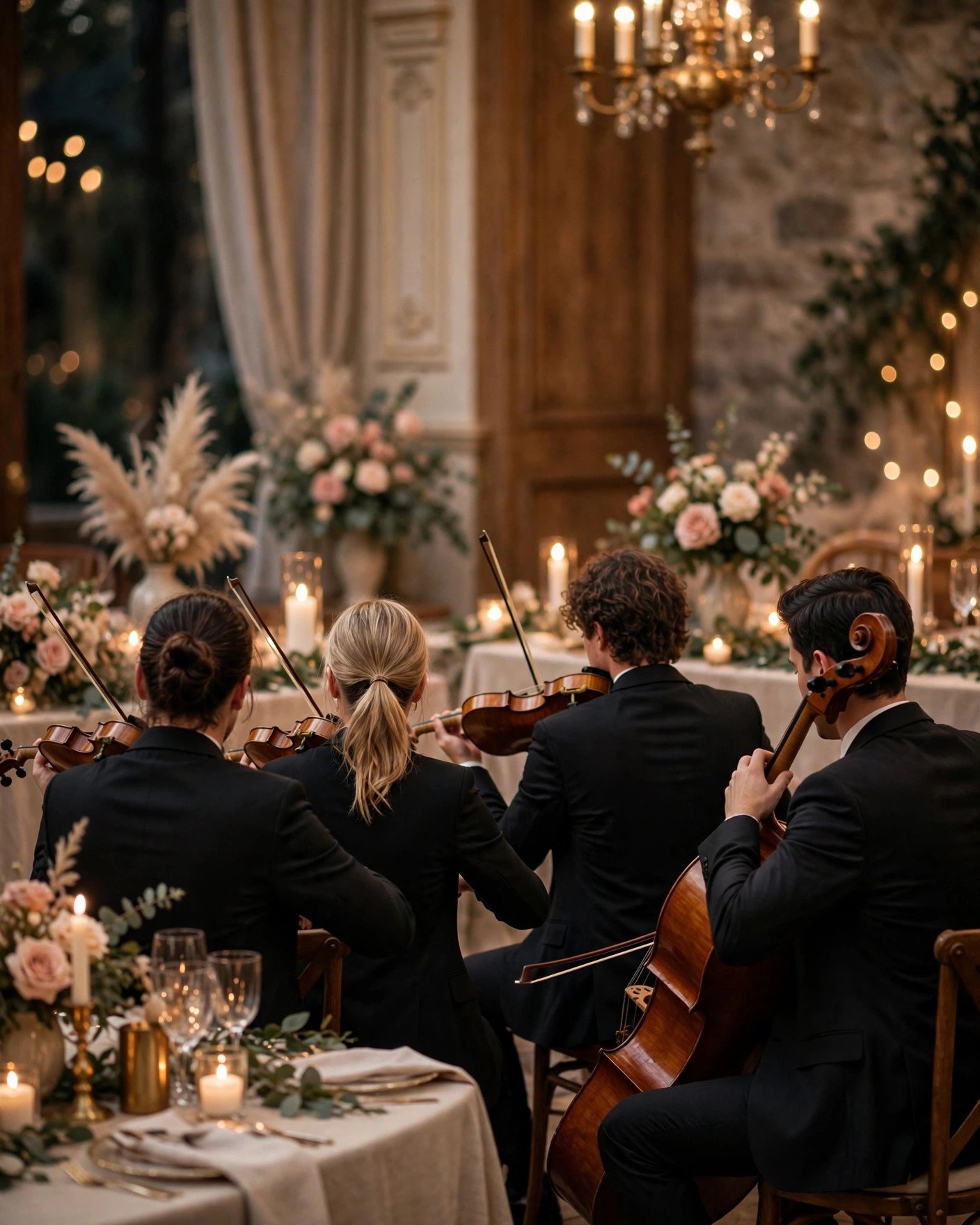 String quartet performing live at an elegant indoor wedding reception