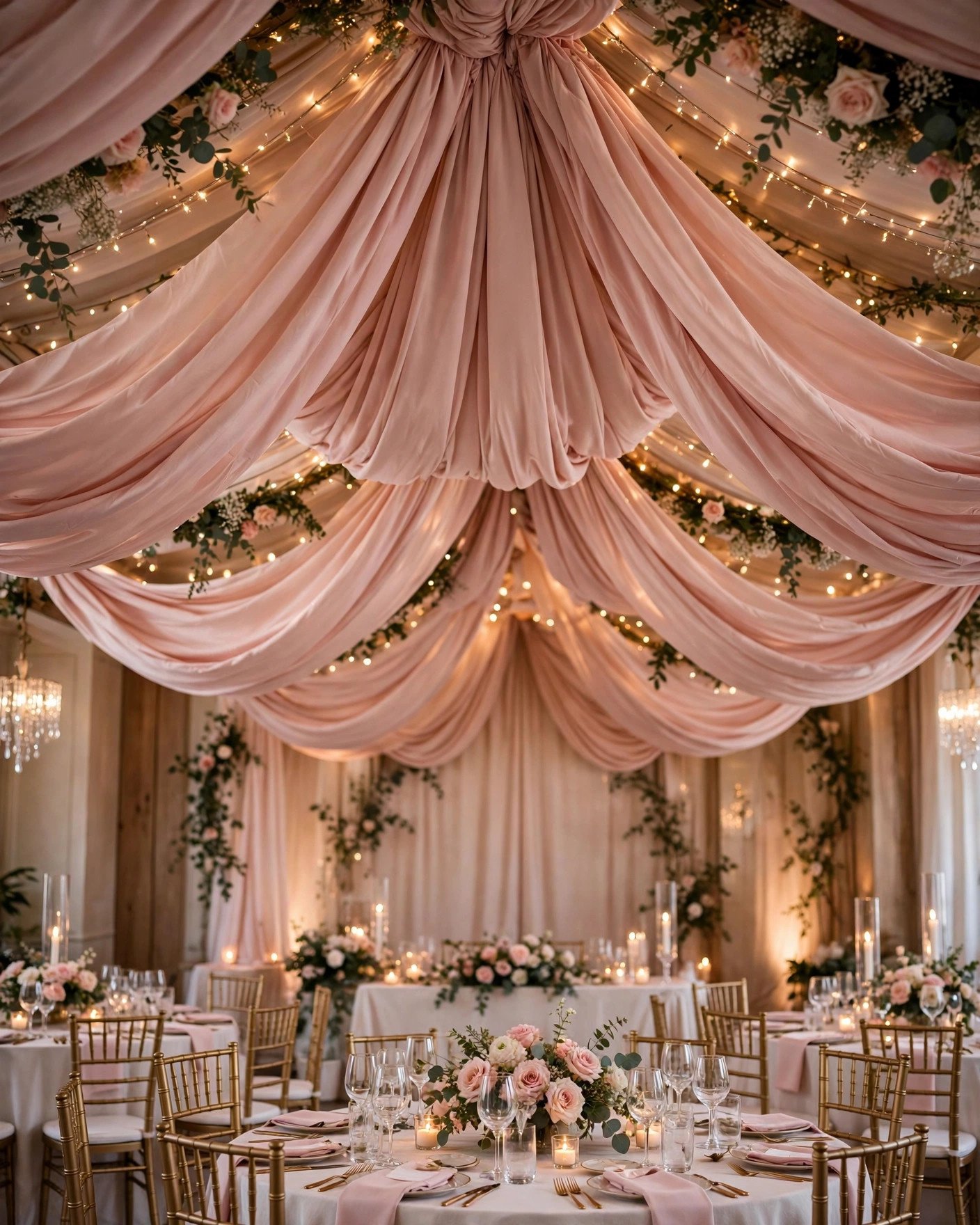 Luxurious blush fabric drapery ceiling at an indoor wedding reception