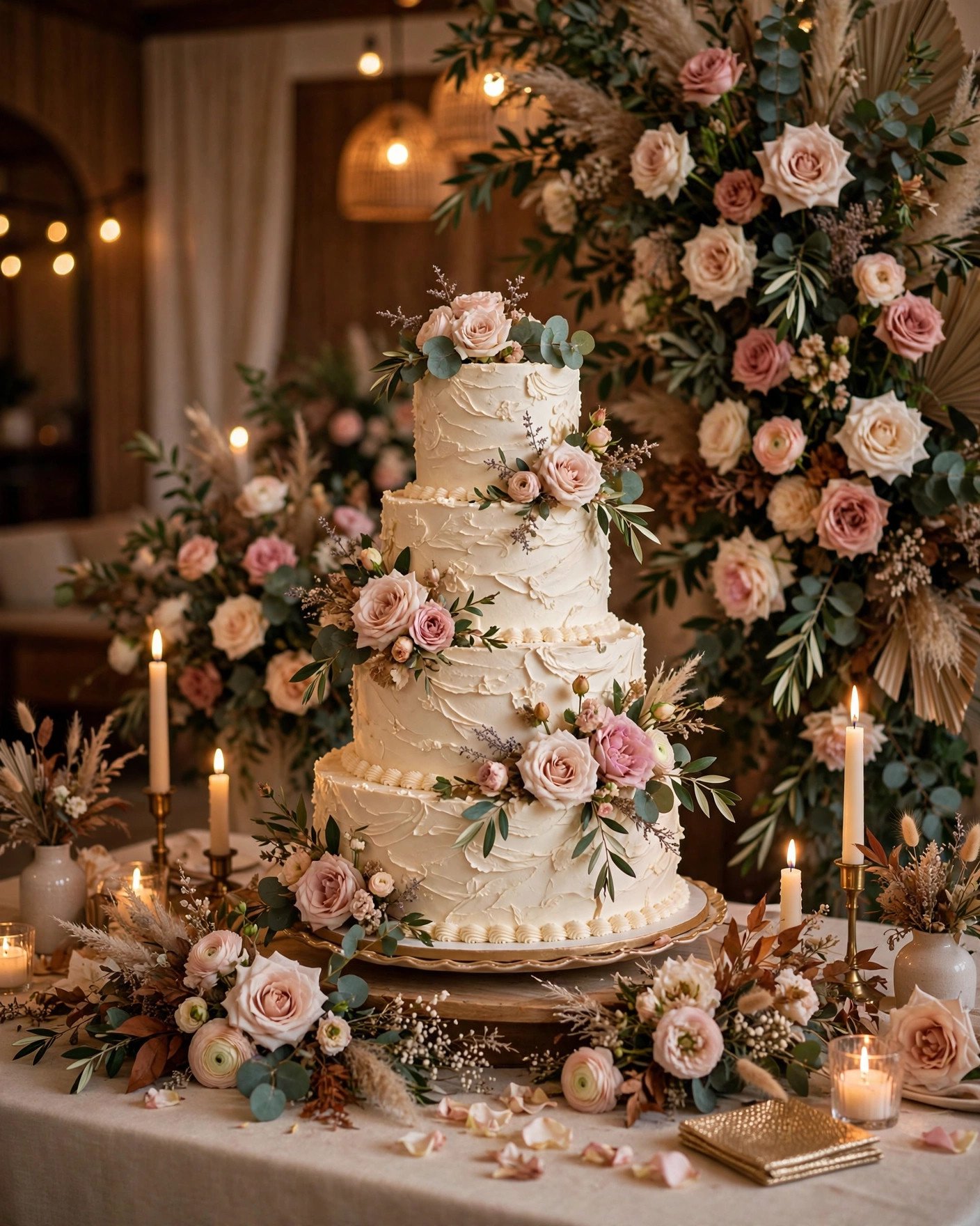 Statement wedding cake display table with multi-tier cake and floral backdrop