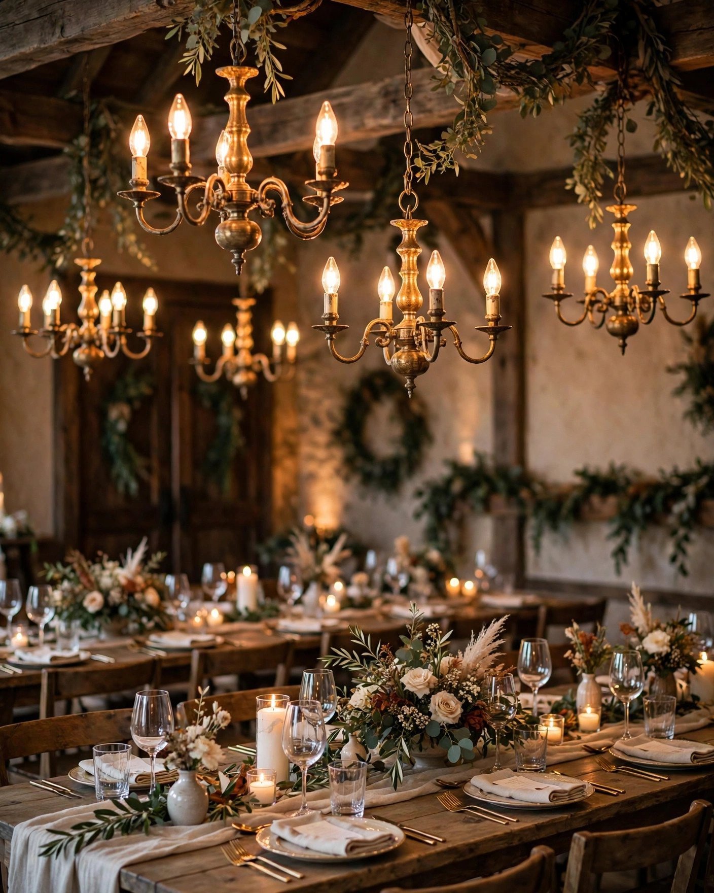 Vintage chandeliers with warm bulbs over wedding reception tables