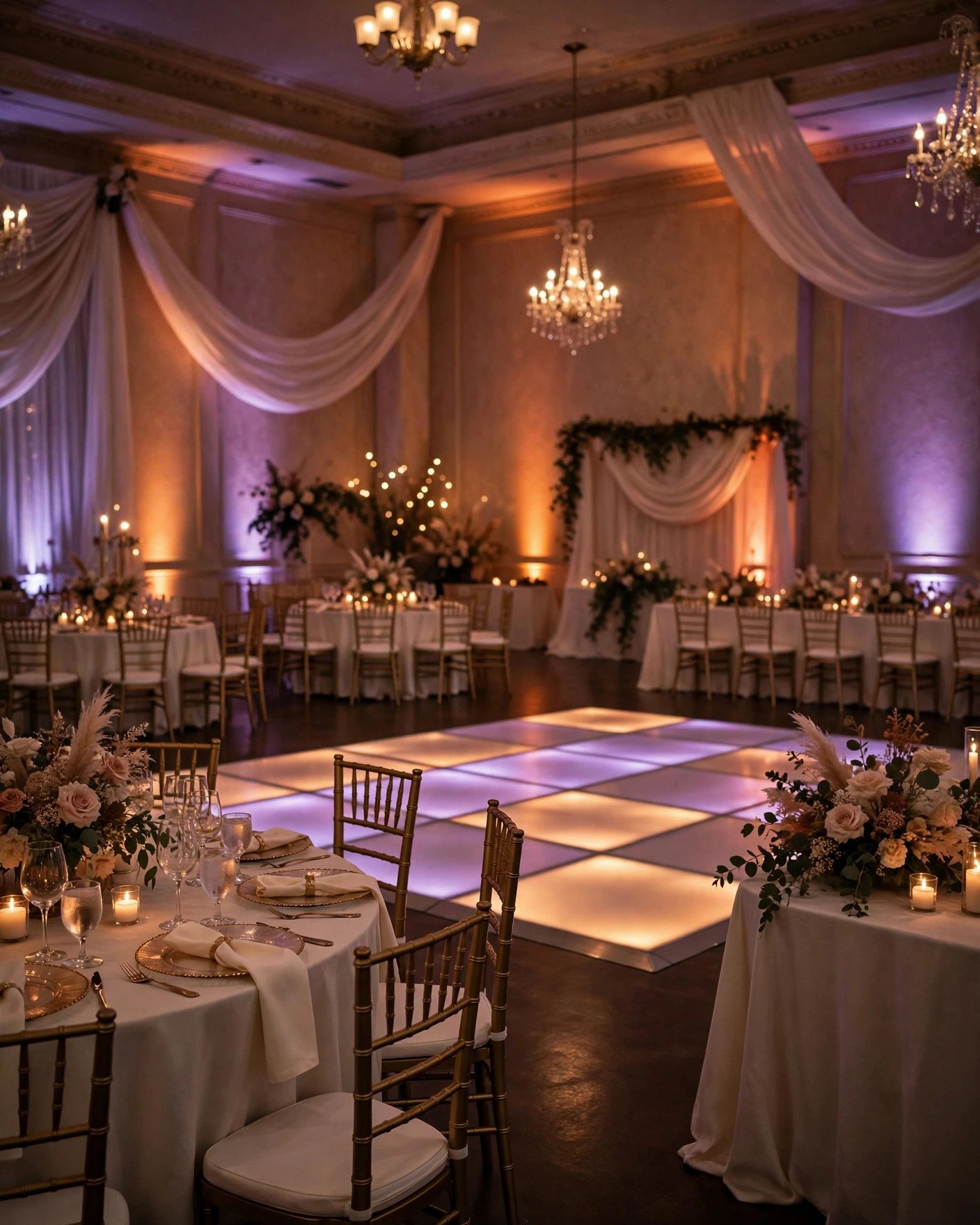 Wedding reception ballroom with soft amber uplighting on walls