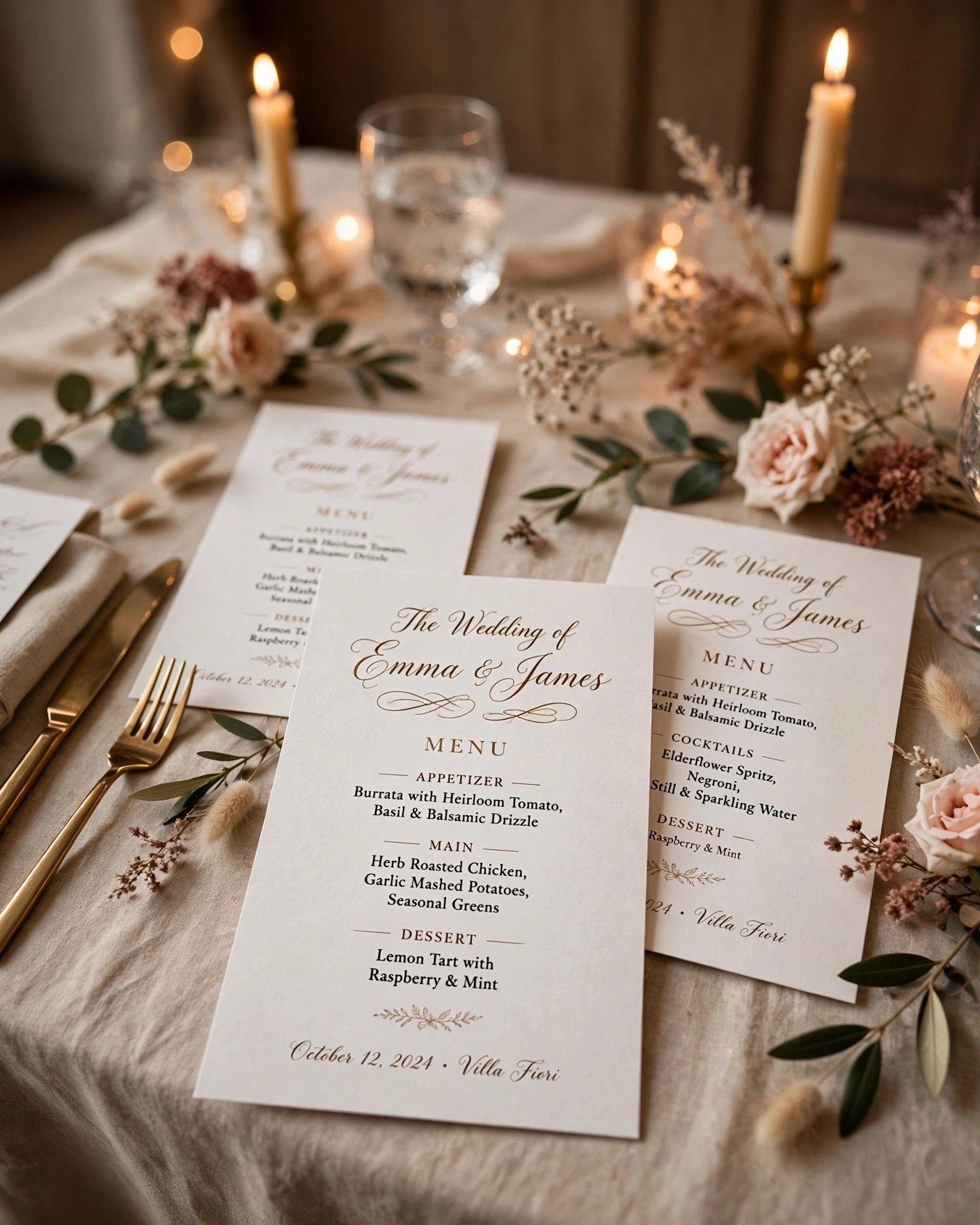 Personalized printed wedding menu cards with calligraphy on a table setting