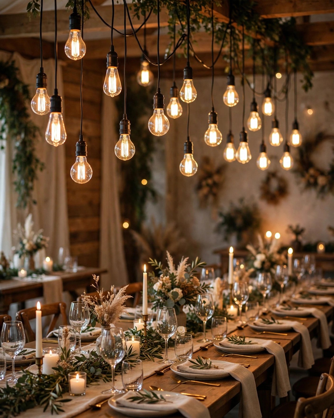 Hanging Edison bulb installations glowing over wedding reception tables