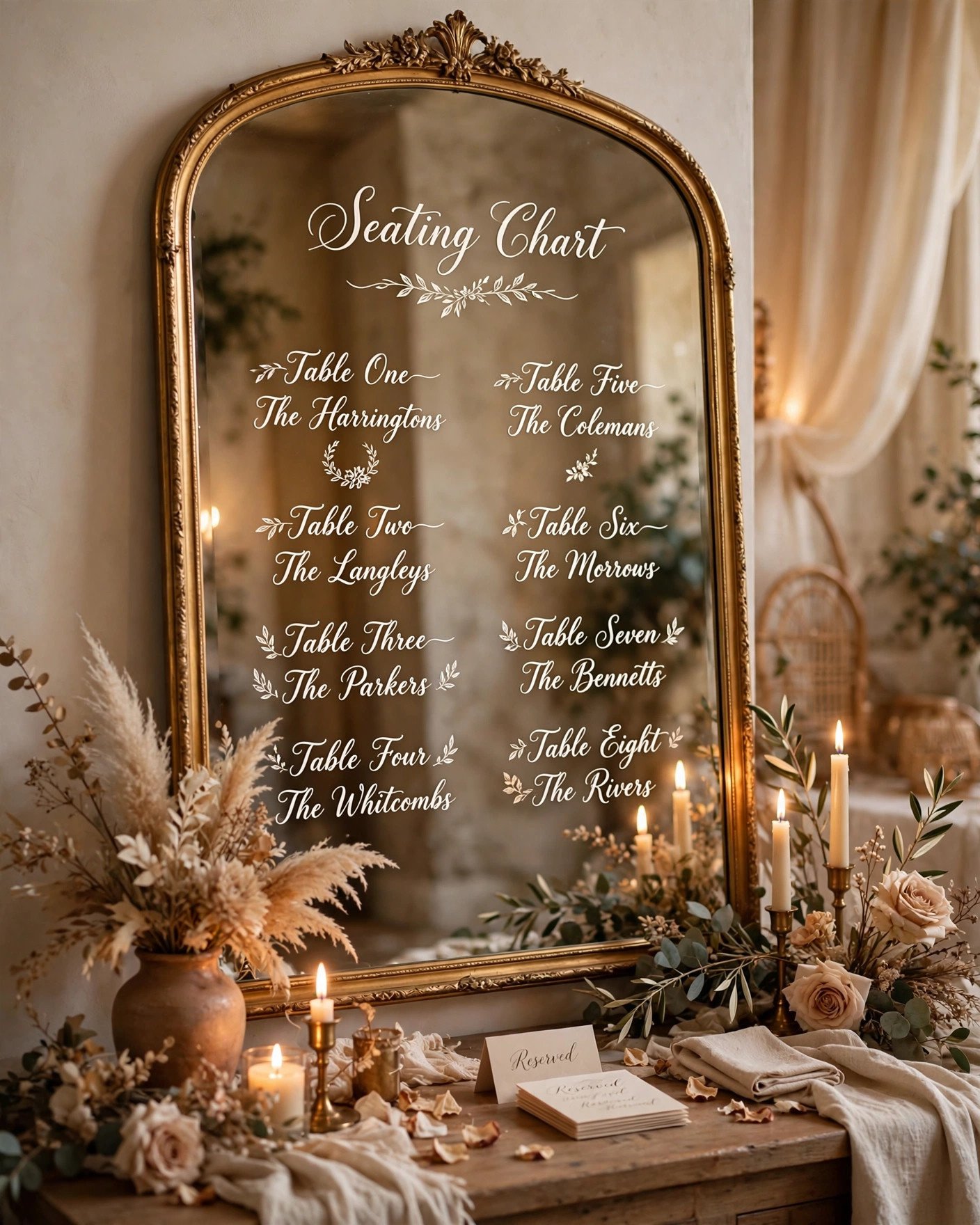 Decorative greenery garland table runners on wedding reception tables