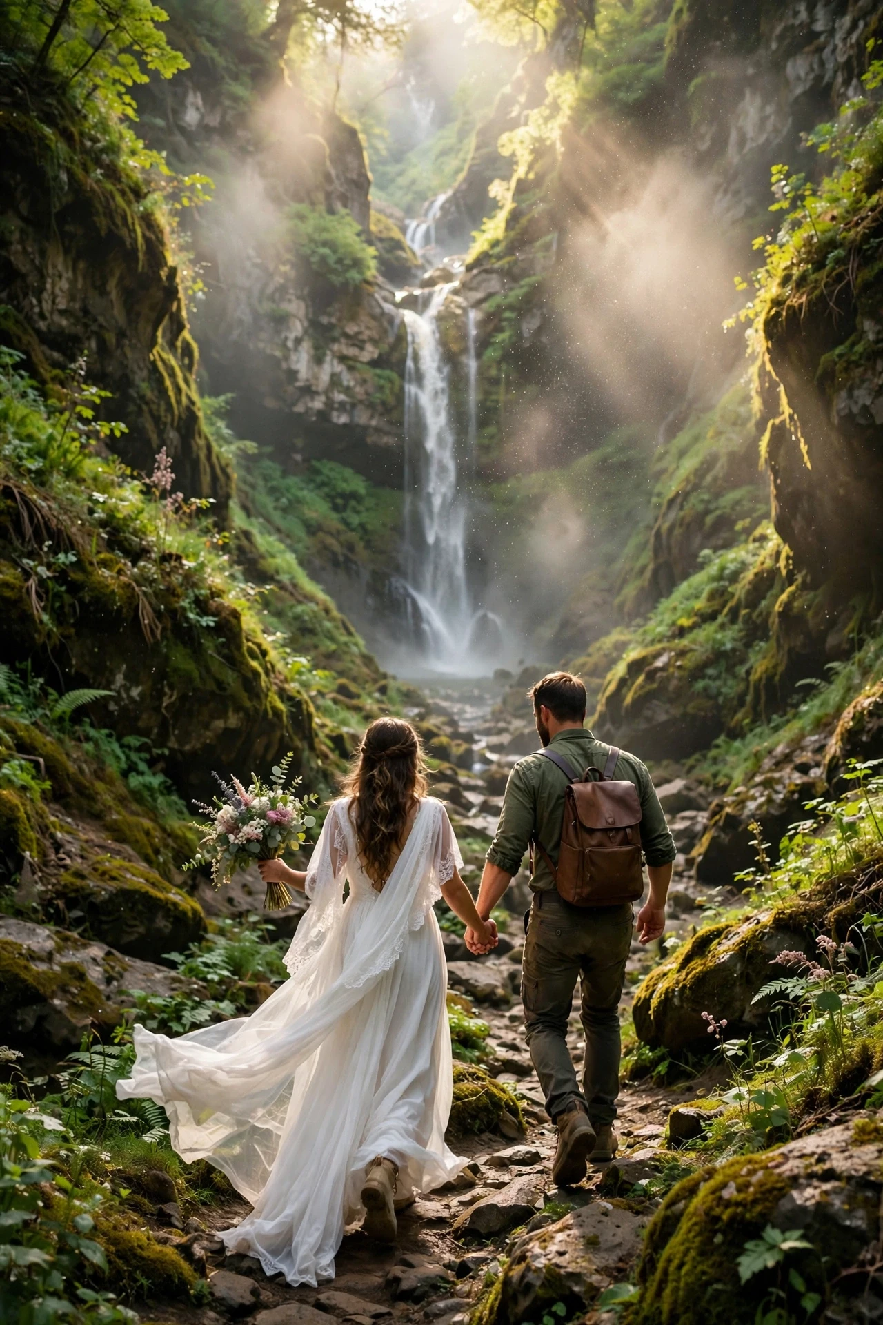 Adventurous couple hiking hand in hand toward a hidden waterfall for their intimate elopement
